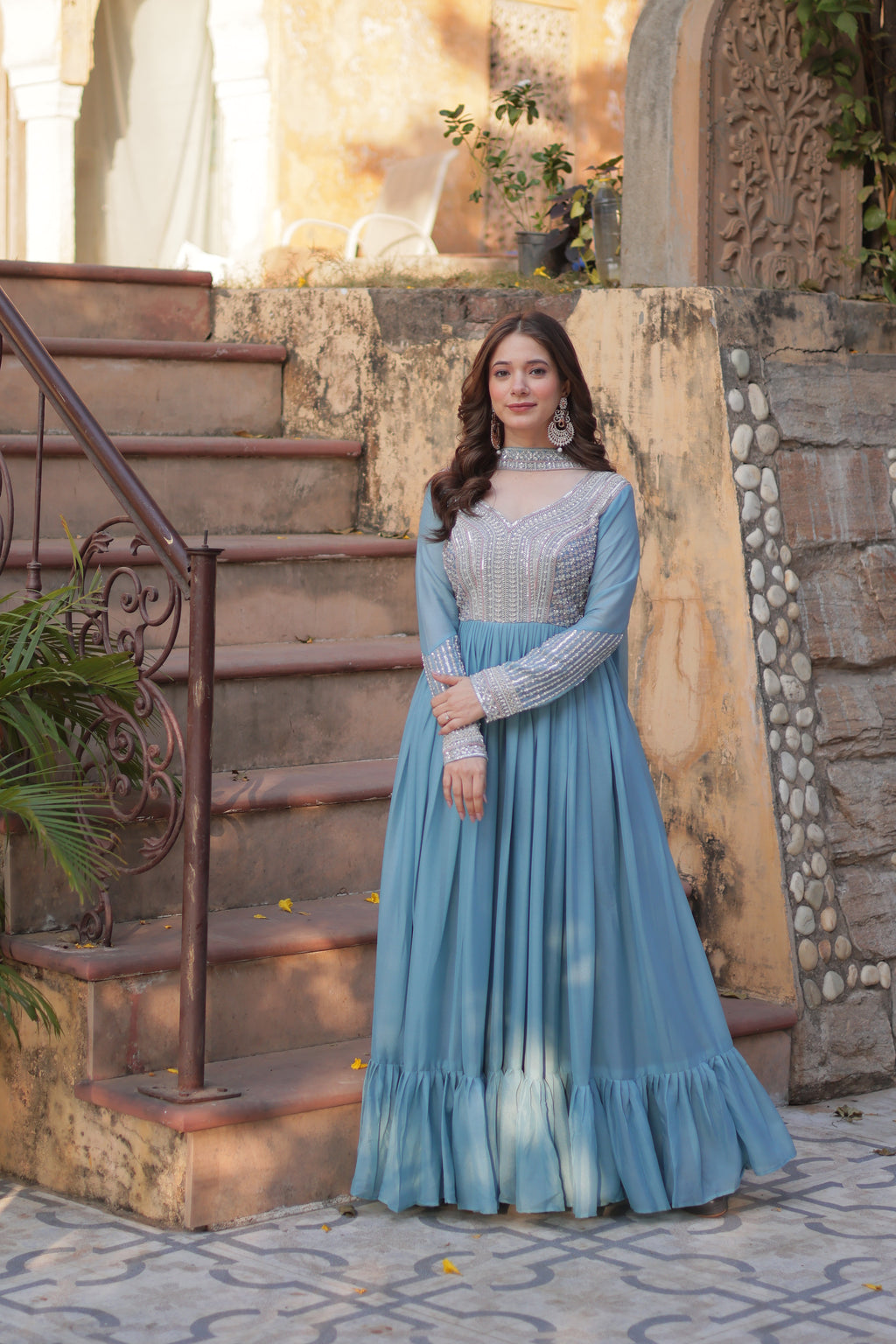 Women Georgette Sky Blue  Sequence embroidery Work Kurta Set