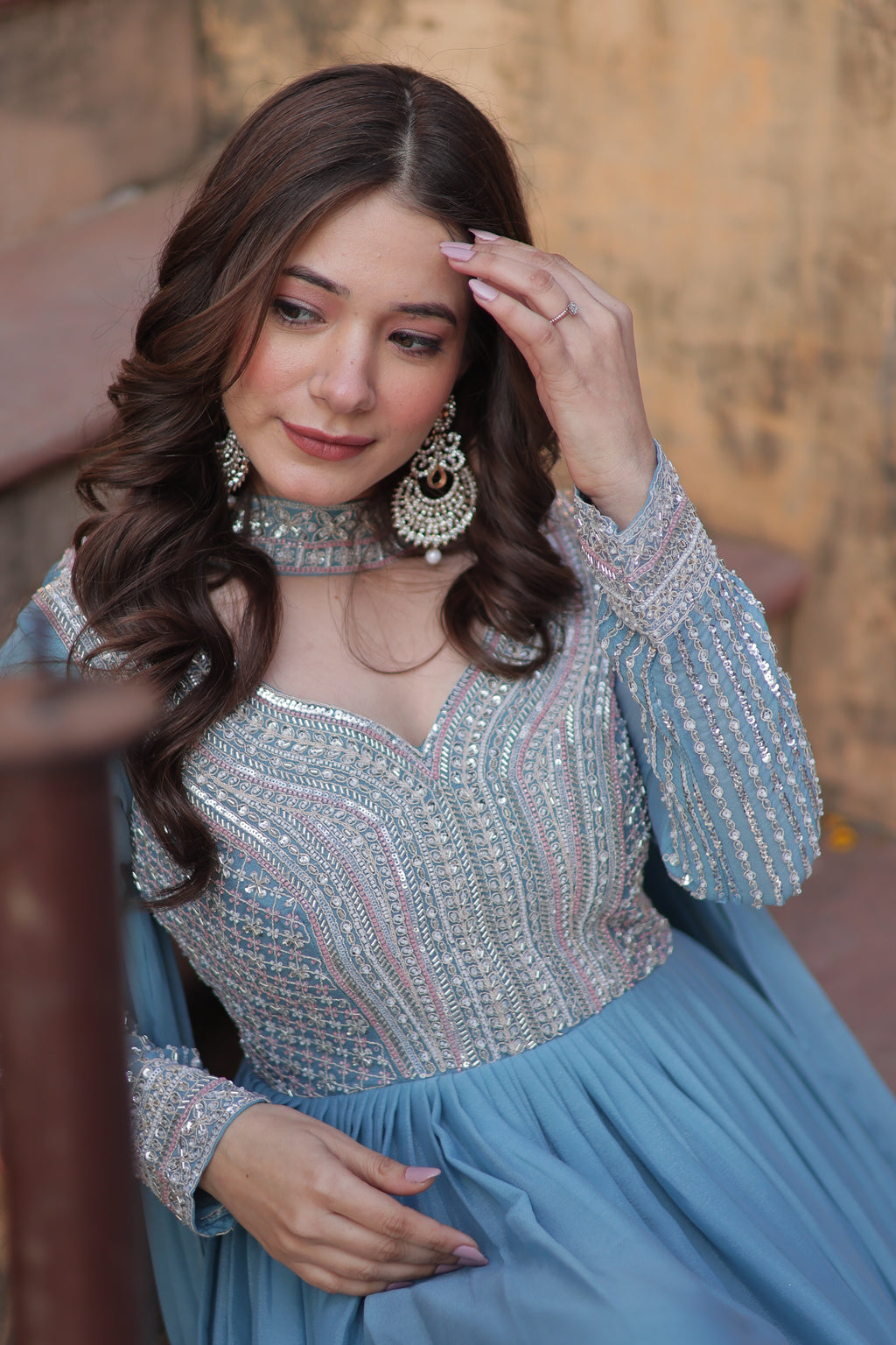 Women Georgette Sky Blue  Sequence embroidery Work Kurta Set