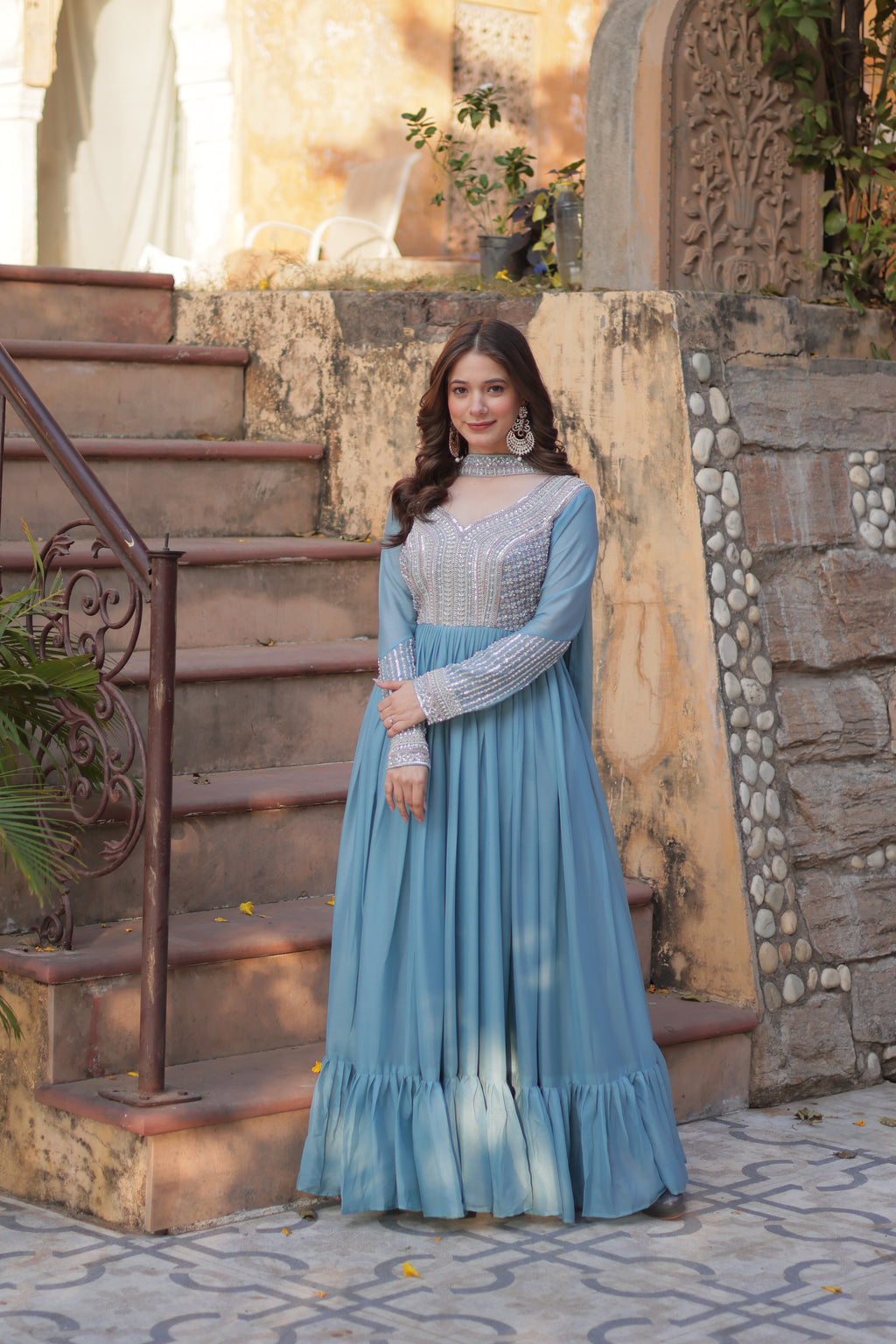 Women Georgette Sky Blue  Sequence embroidery Work Kurta Set