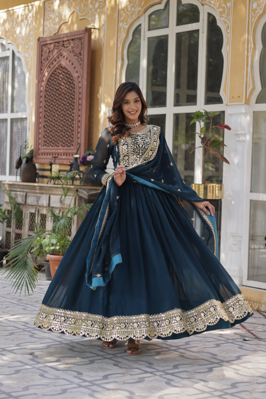 Women Georgette Rama Sequence embroidery Work Kurta Set