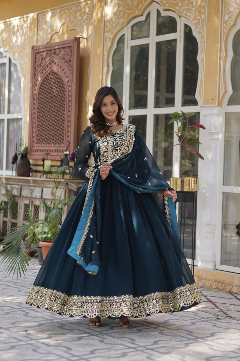 Women Georgette Rama Sequence embroidery Work Kurta Set