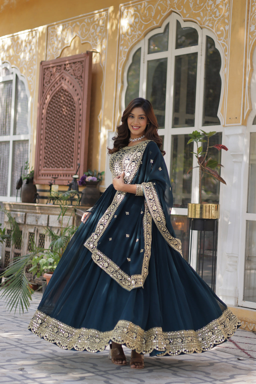 Women Georgette Rama Sequence embroidery Work Kurta Set