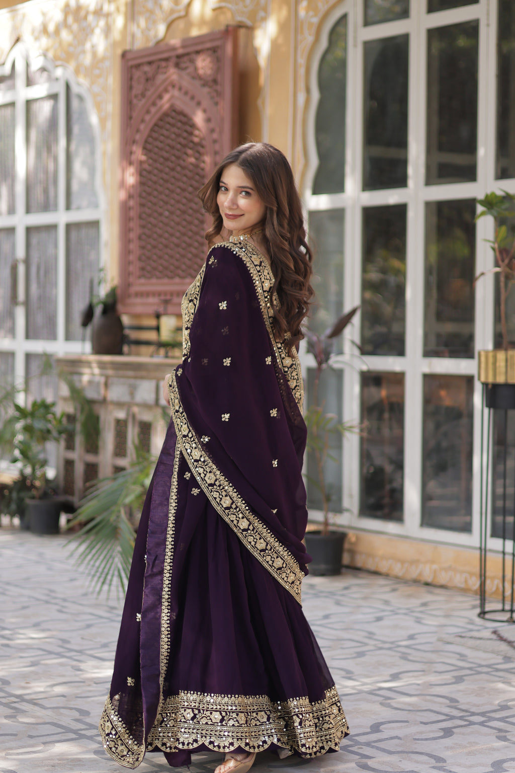 Women Georgette Wine Sequence embroidery Work Kurta Set