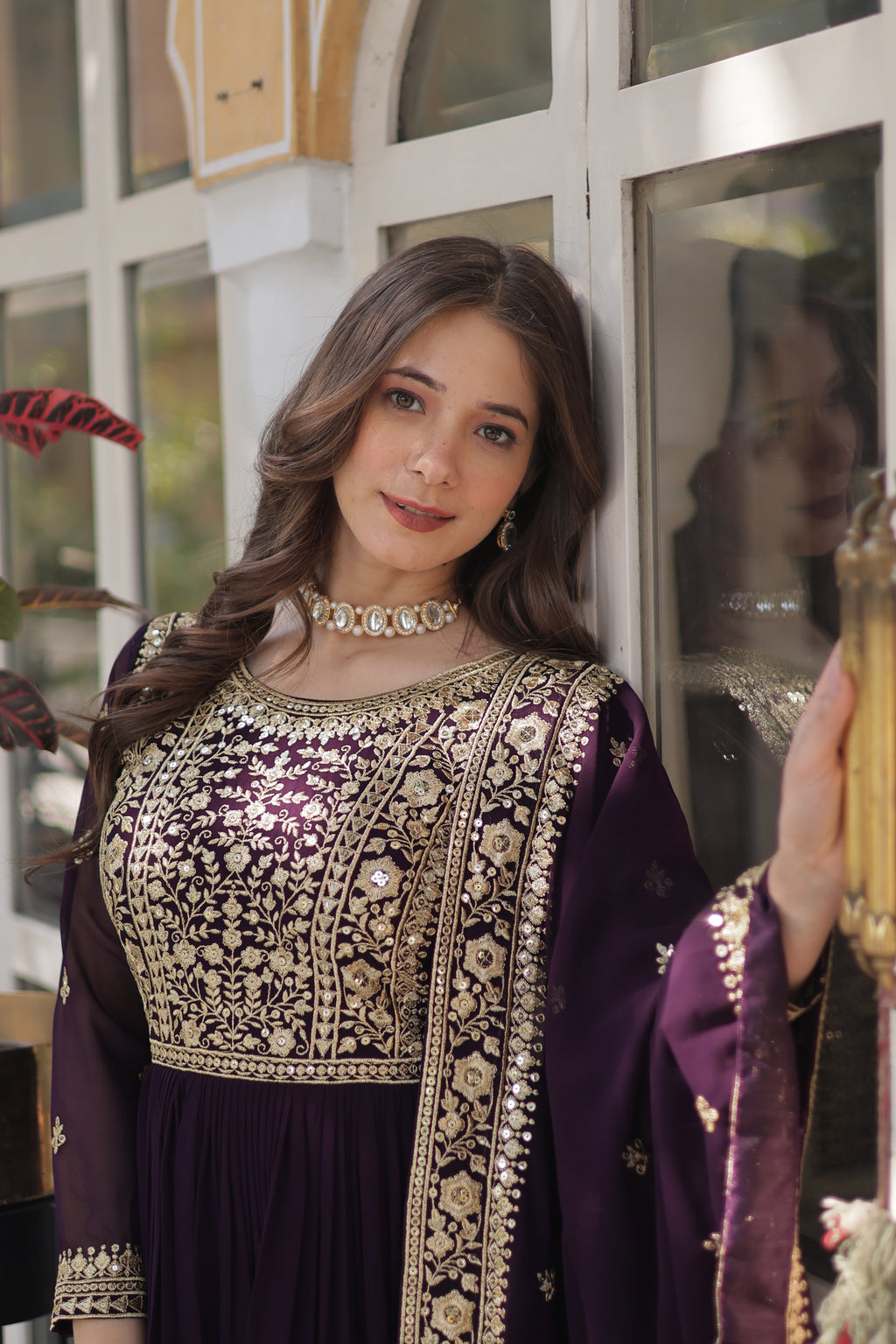 Women Georgette Wine Sequence embroidery Work Kurta Set