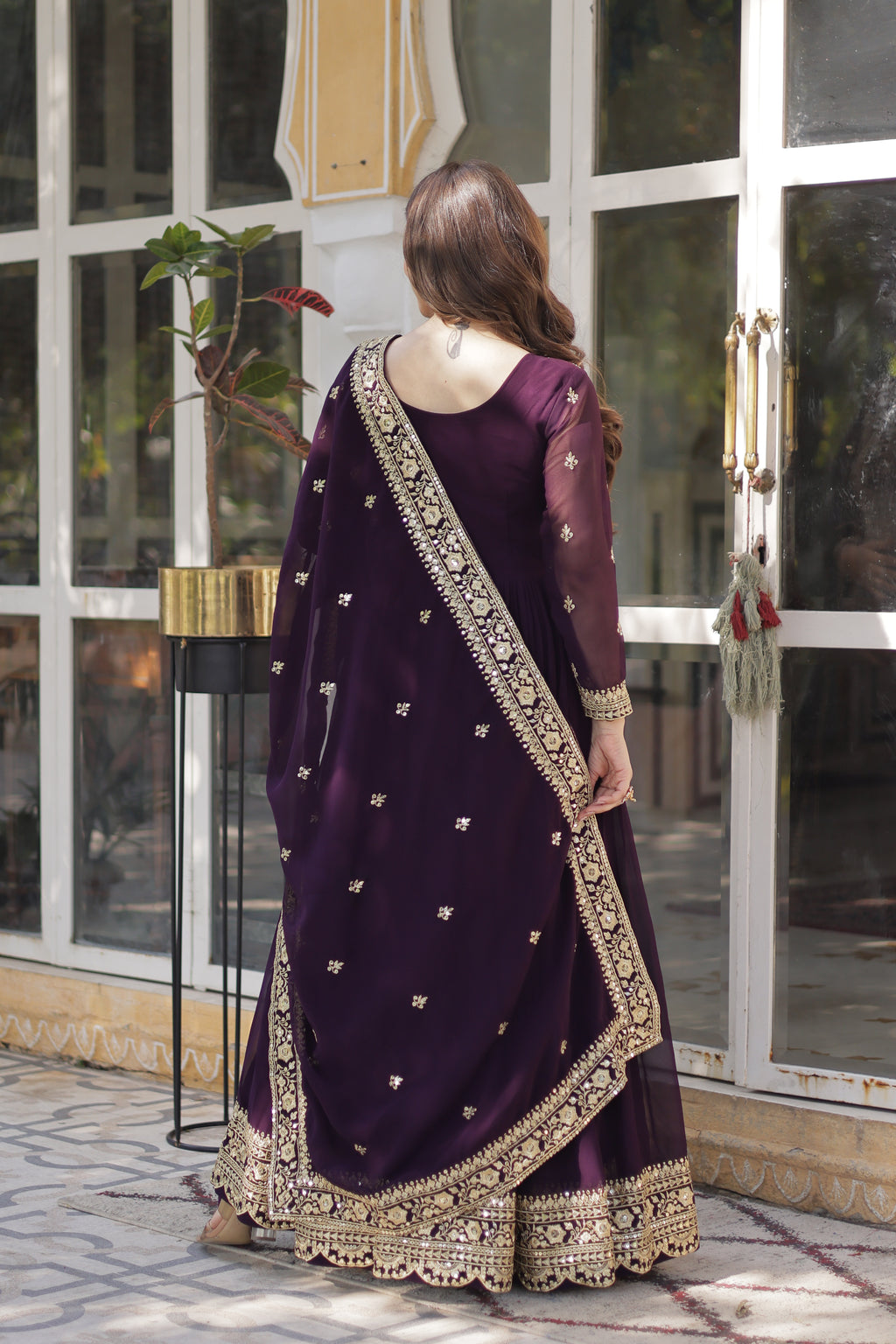 Women Georgette Wine Sequence embroidery Work Kurta Set