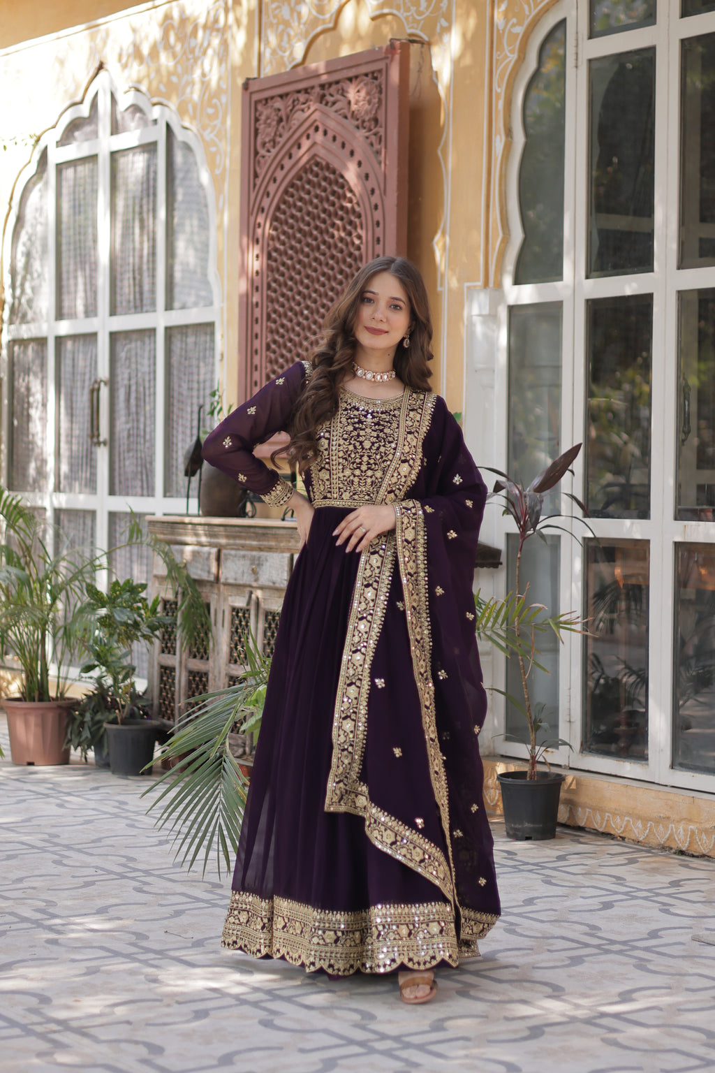 Women Georgette Wine Sequence embroidery Work Kurta Set