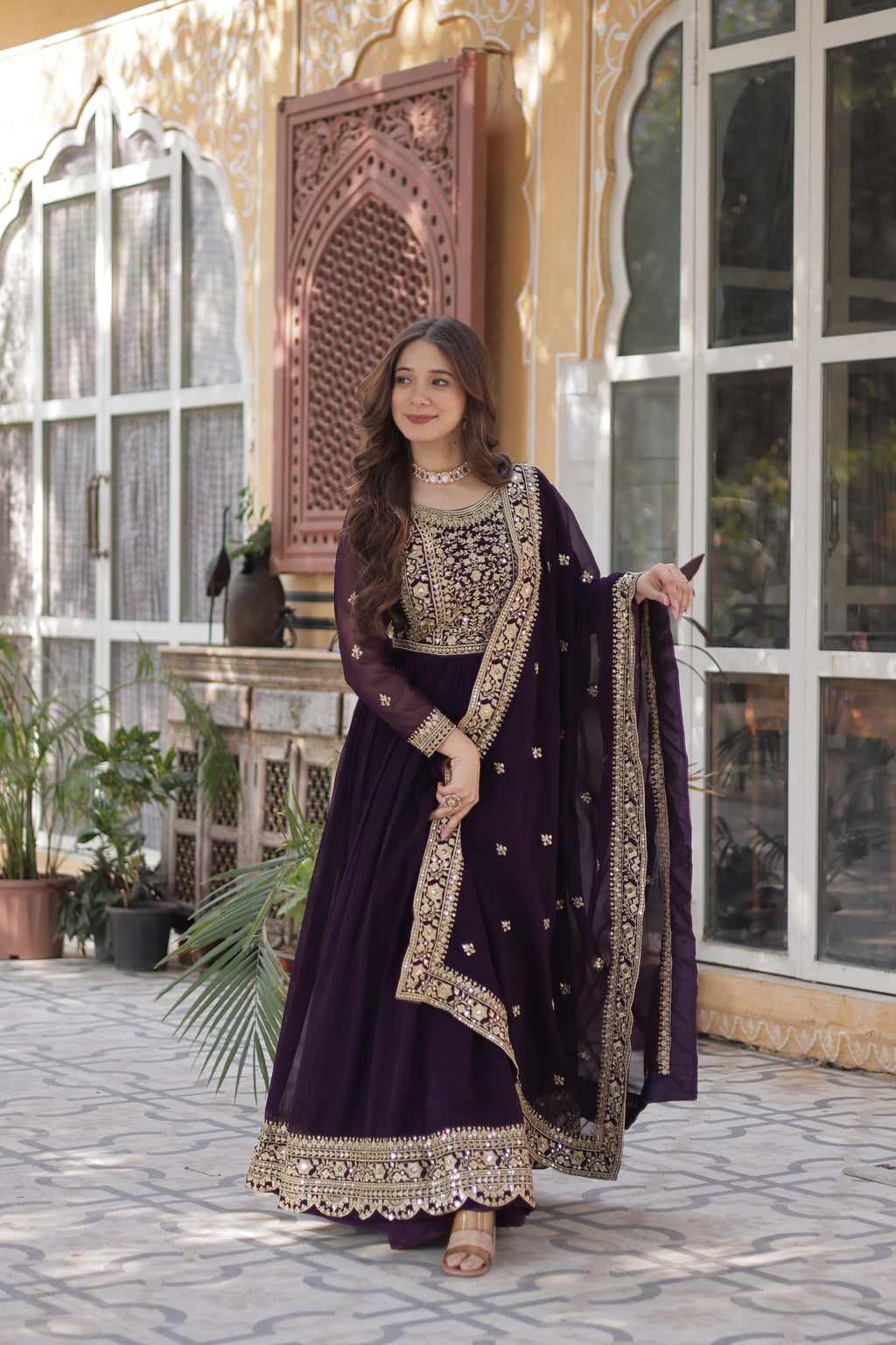 Women Georgette Wine Sequence embroidery Work Kurta Set