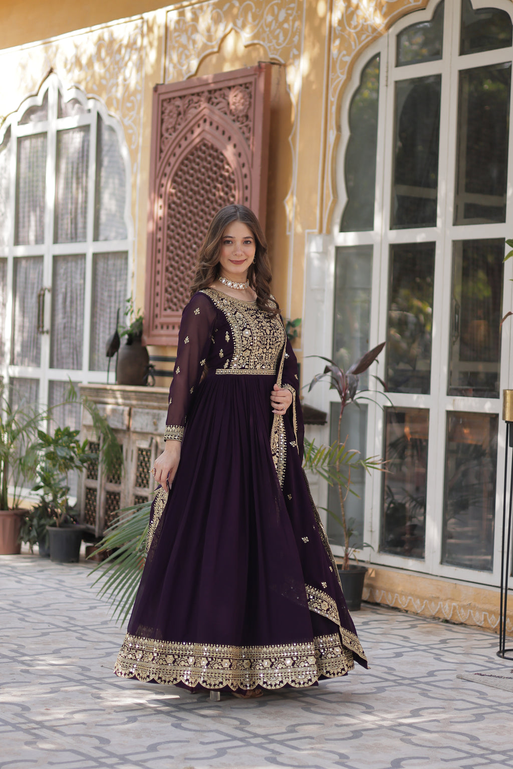 Women Georgette Wine Sequence embroidery Work Kurta Set
