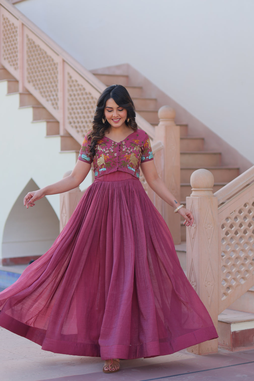 Women Crunchy Fabric Pink Sequence embroidery Work Kurta Set