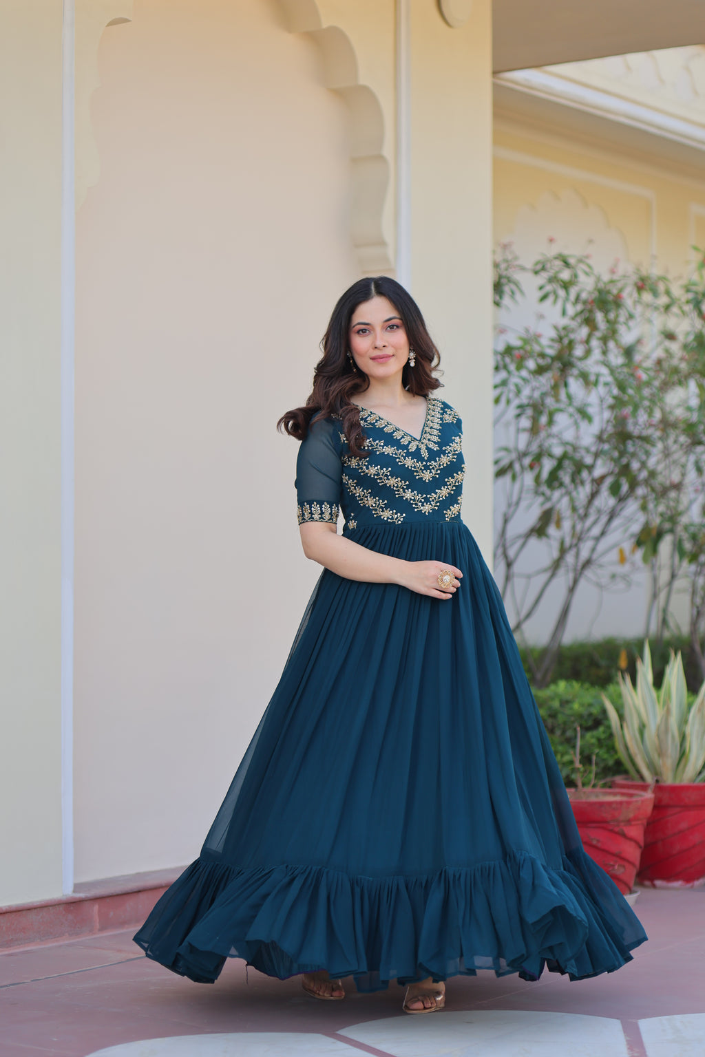 Women Georgette Rama Green Sequence embroidery Work Dress