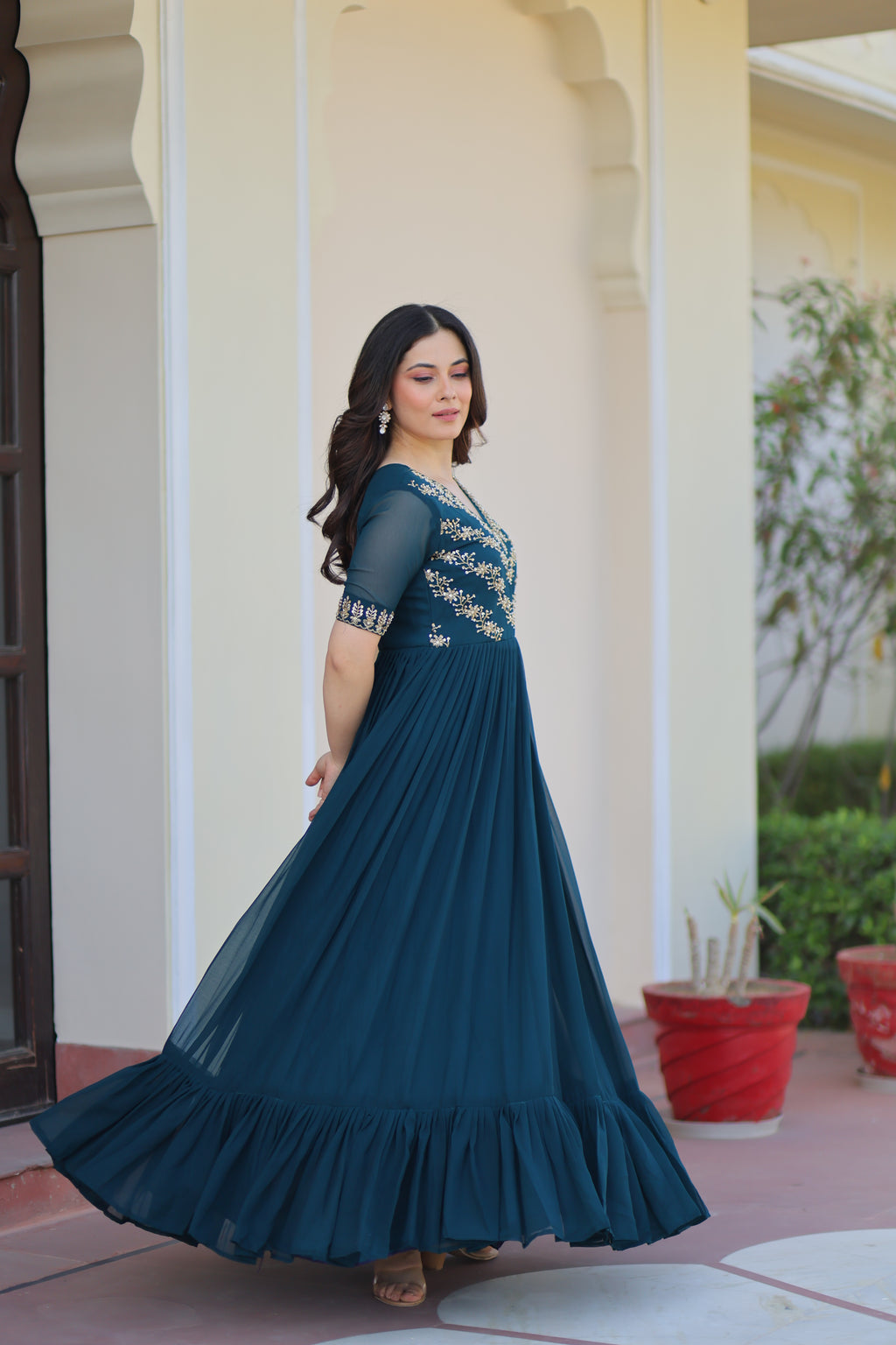 Women Georgette Rama Green Sequence embroidery Work Dress