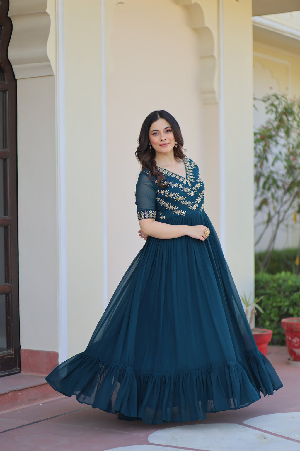 Women Georgette Rama Green Sequence embroidery Work Dress