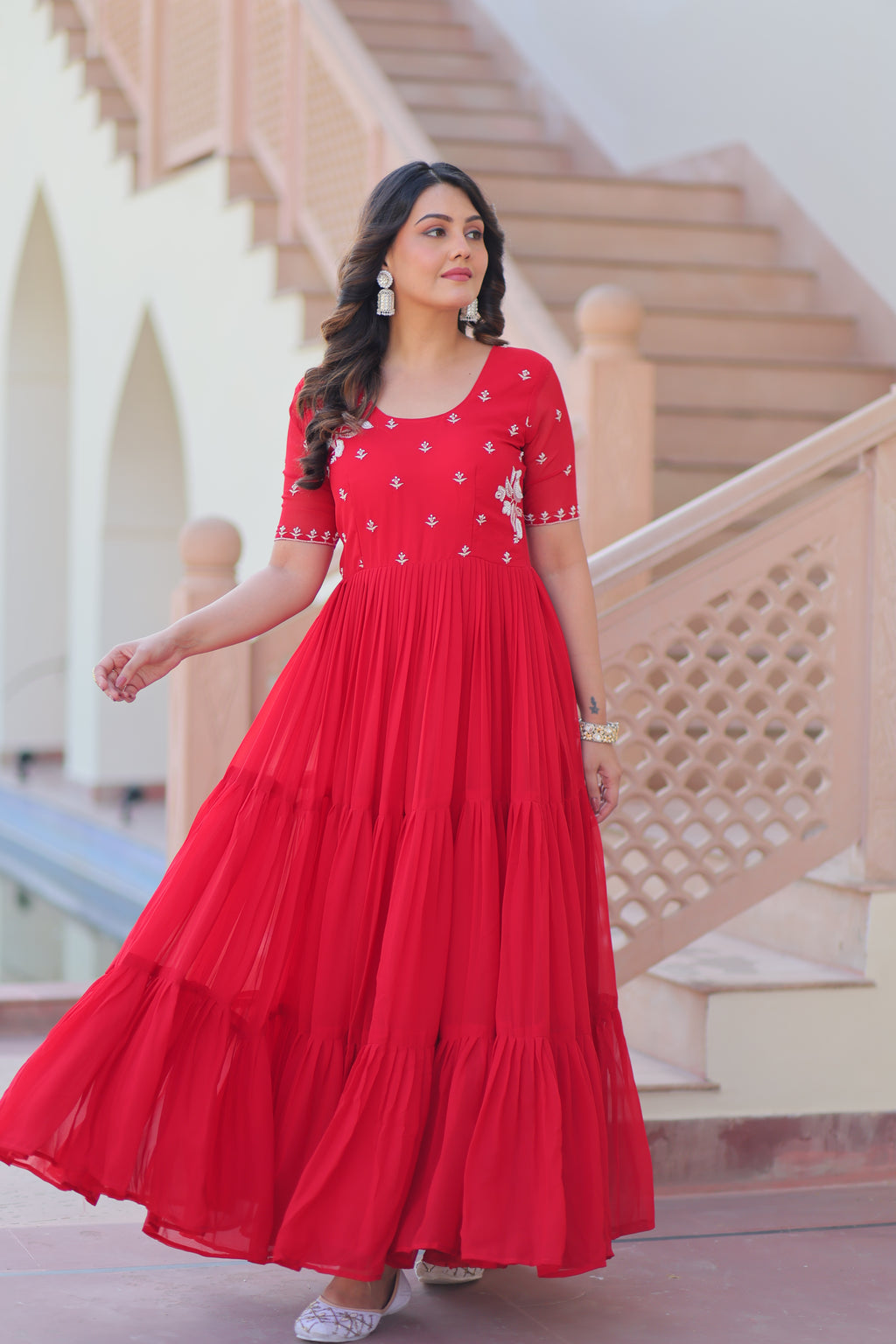 Women Georgette Red Sequence embroidery Work Dress