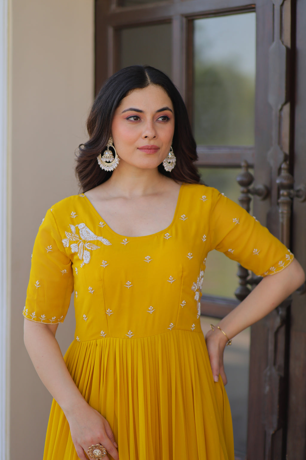 Women Georgette Yellow Sequence embroidery Work Dress