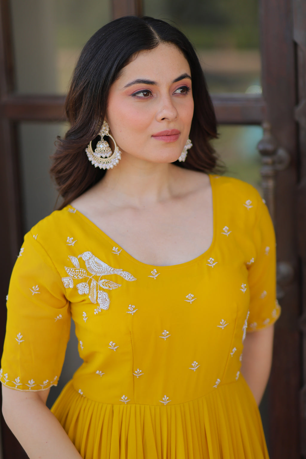 Women Georgette Yellow Sequence embroidery Work Dress