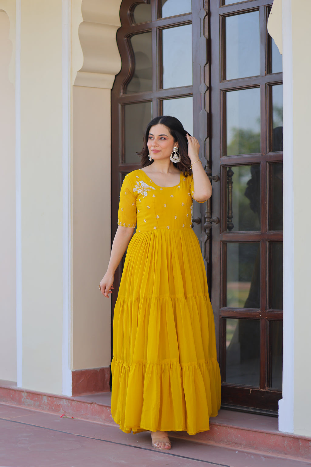 Women Georgette Yellow Sequence embroidery Work Dress