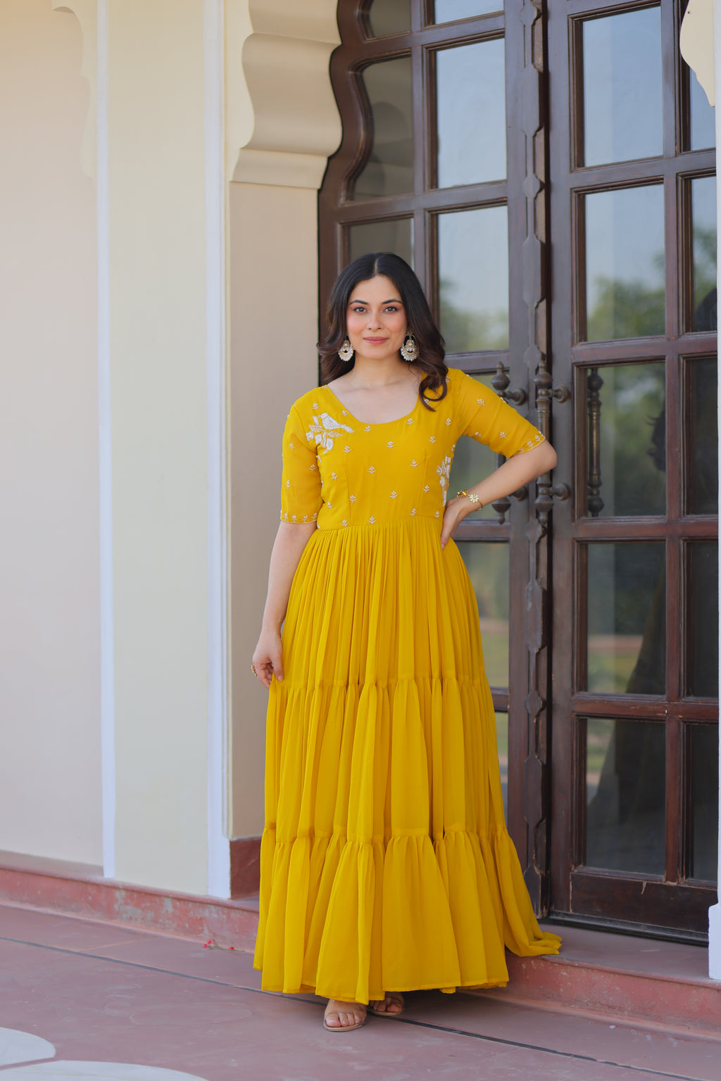 Women Georgette Yellow Sequence embroidery Work Dress