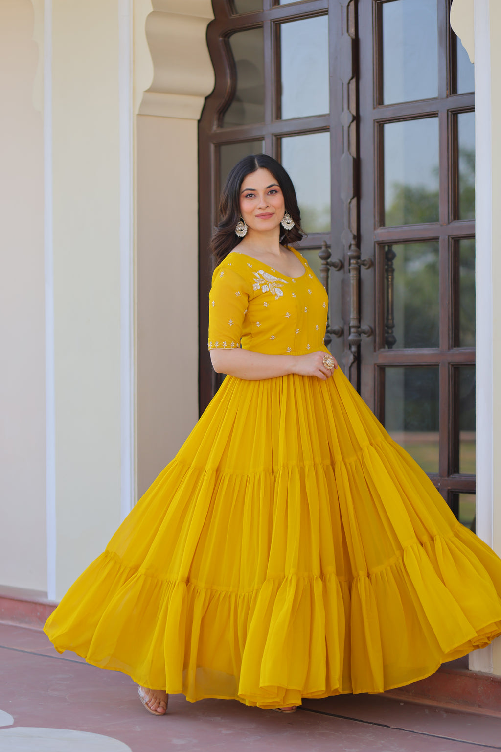 Women Georgette Yellow Sequence embroidery Work Dress