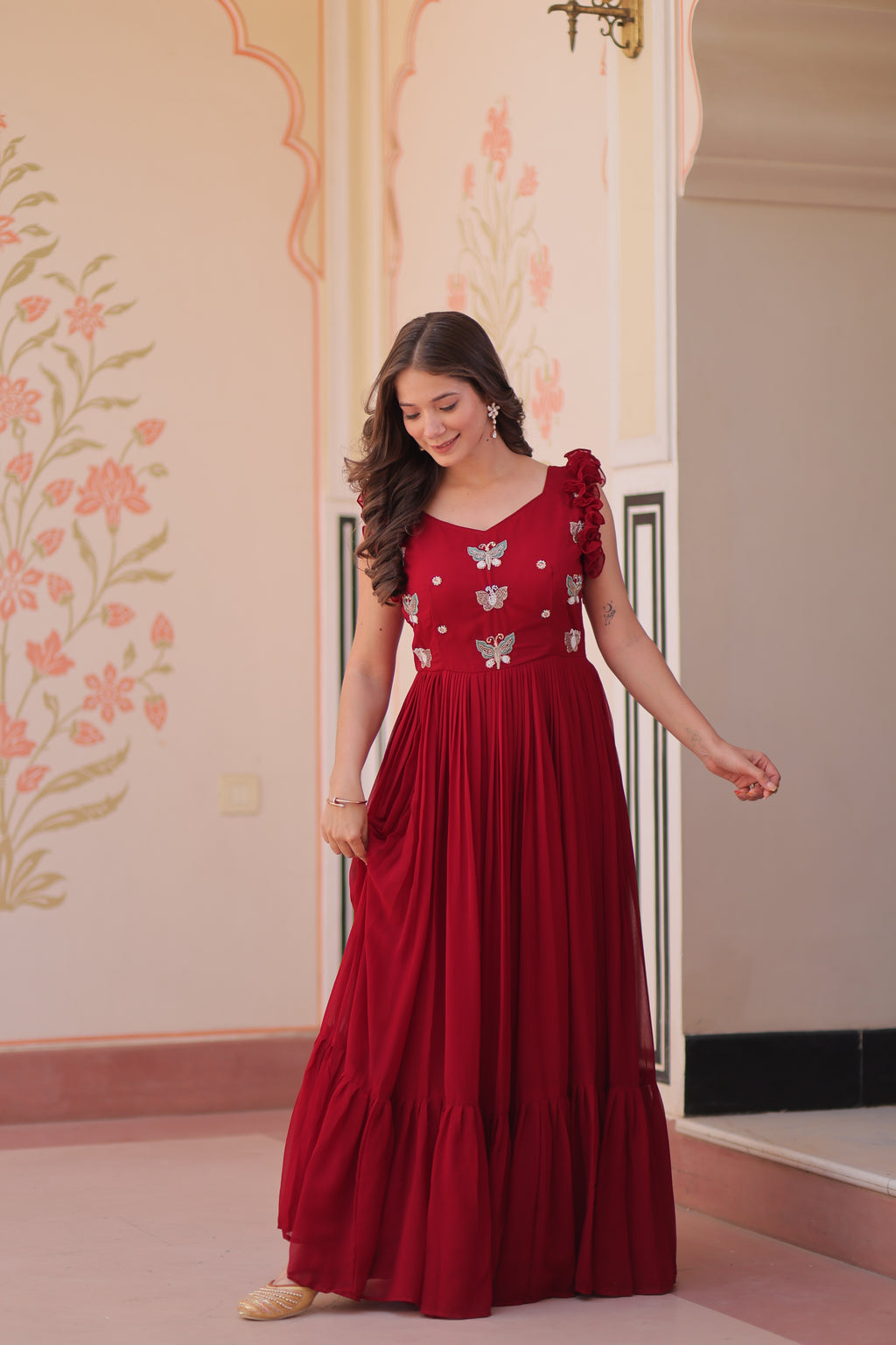Women Georgette Maroon Sequence embroidery Work Dress