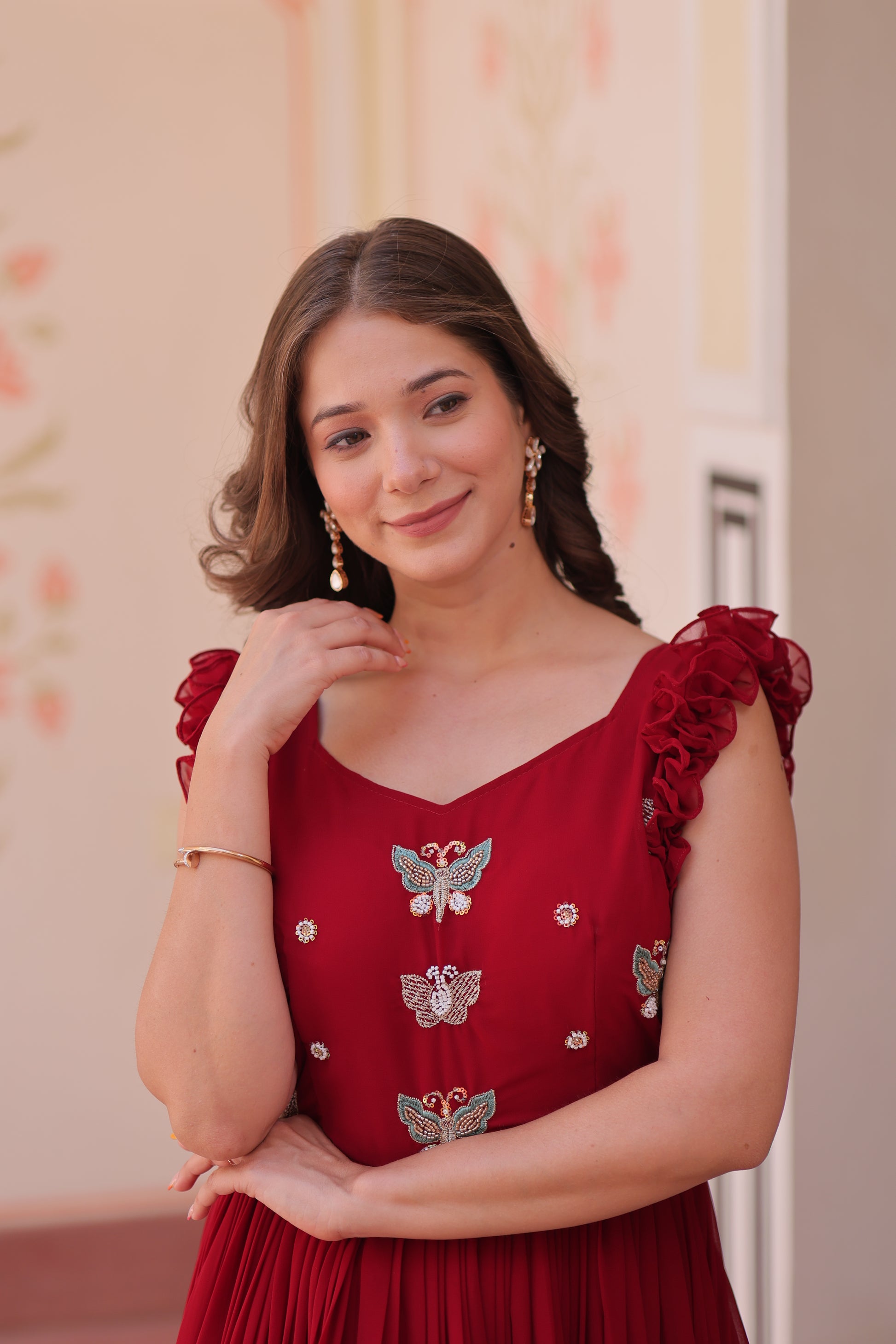 Women Georgette Maroon Sequence embroidery Work Dress