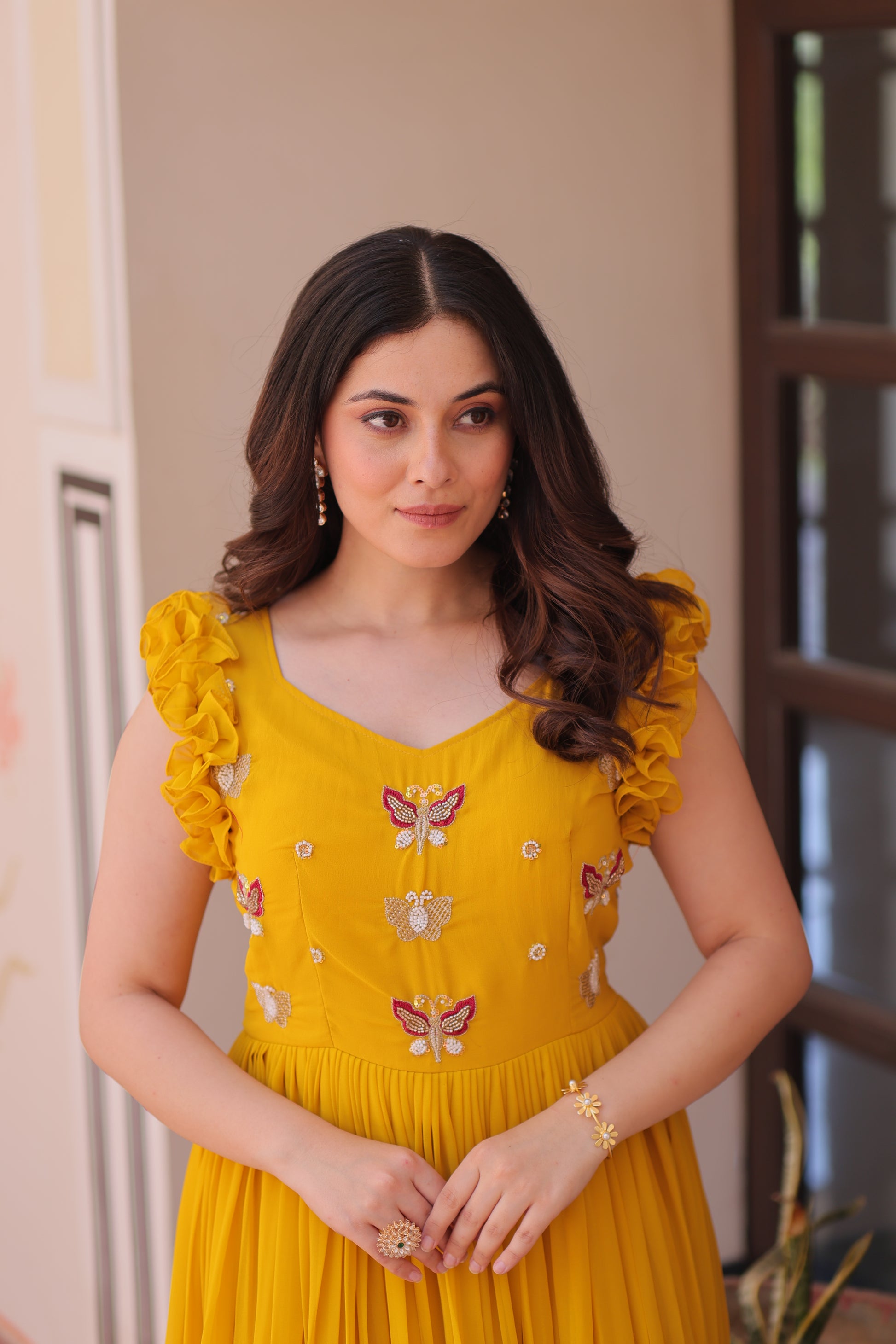 Women Georgette Yellow Sequence embroidery Work Dress