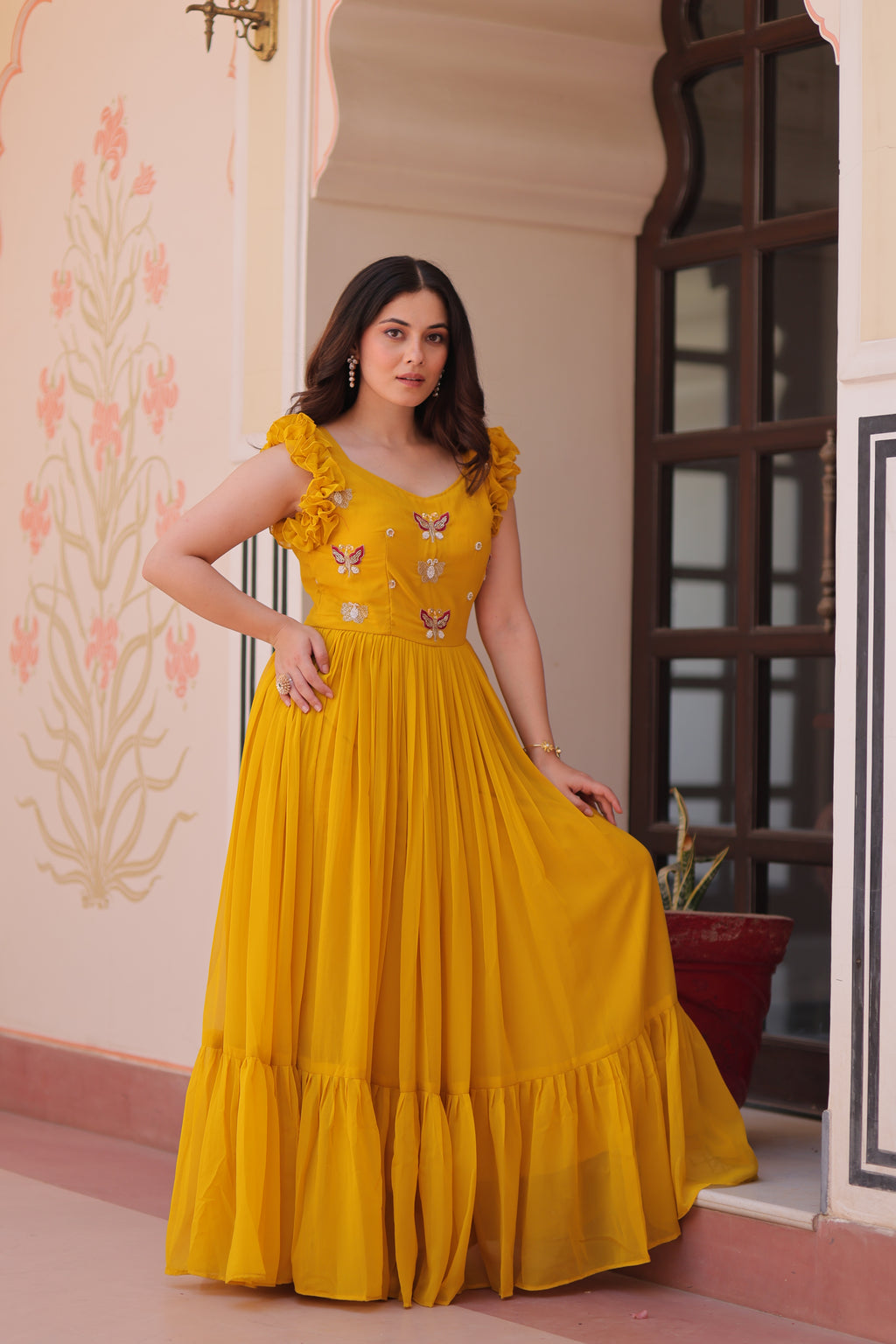 Women Georgette Yellow Sequence embroidery Work Dress