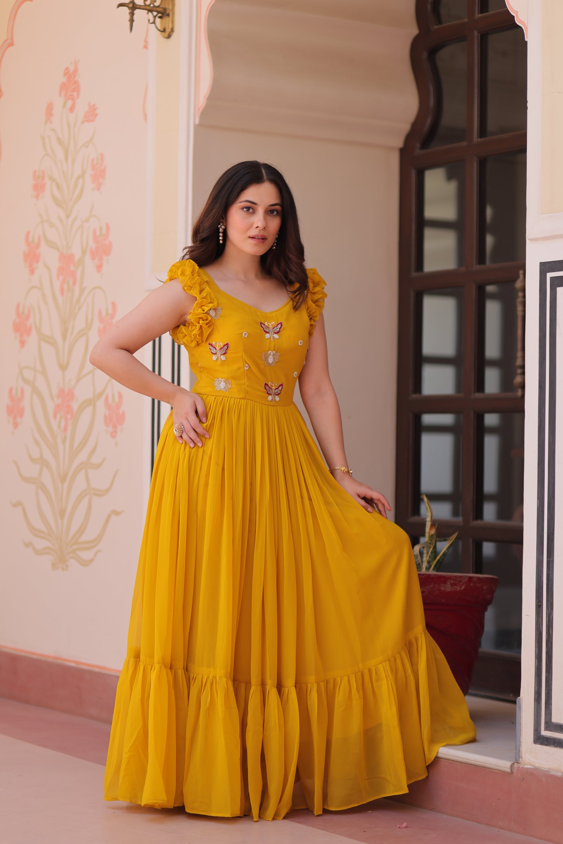 Women Georgette Yellow Sequence embroidery Work Dress