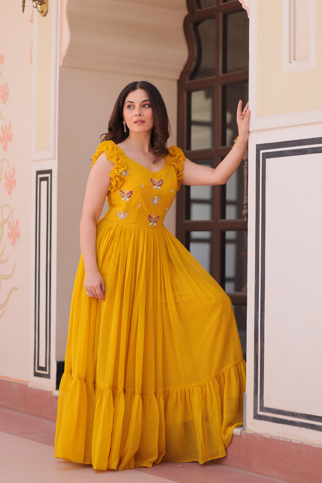 Women Georgette Yellow Sequence embroidery Work Dress