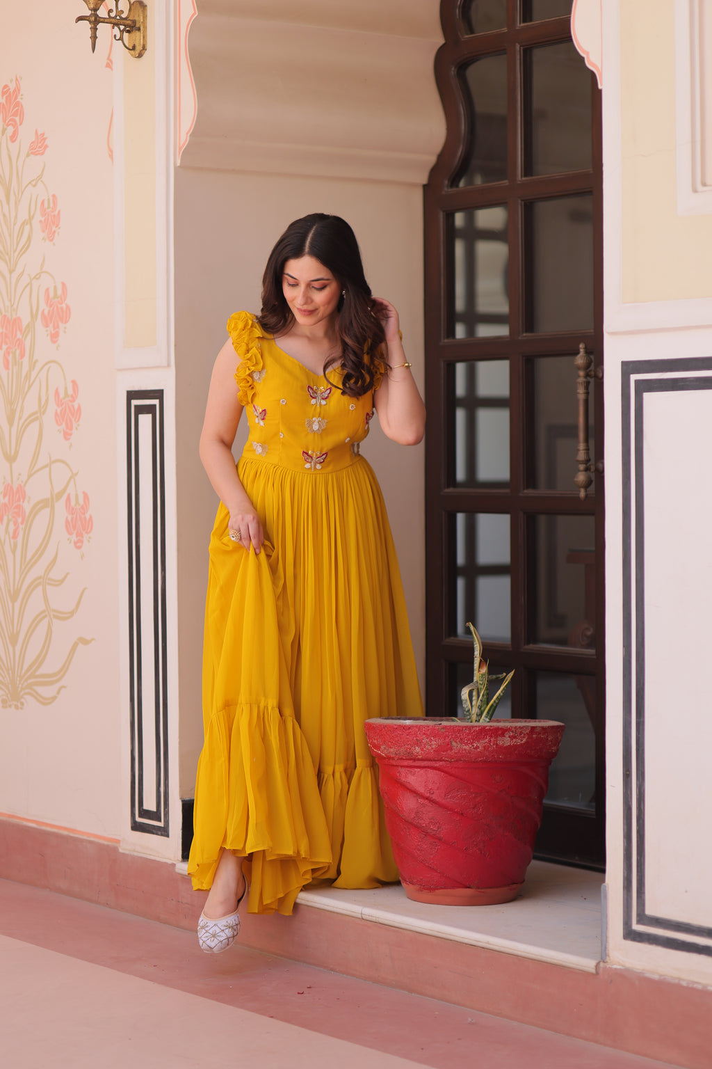 Women Georgette Yellow Sequence embroidery Work Dress