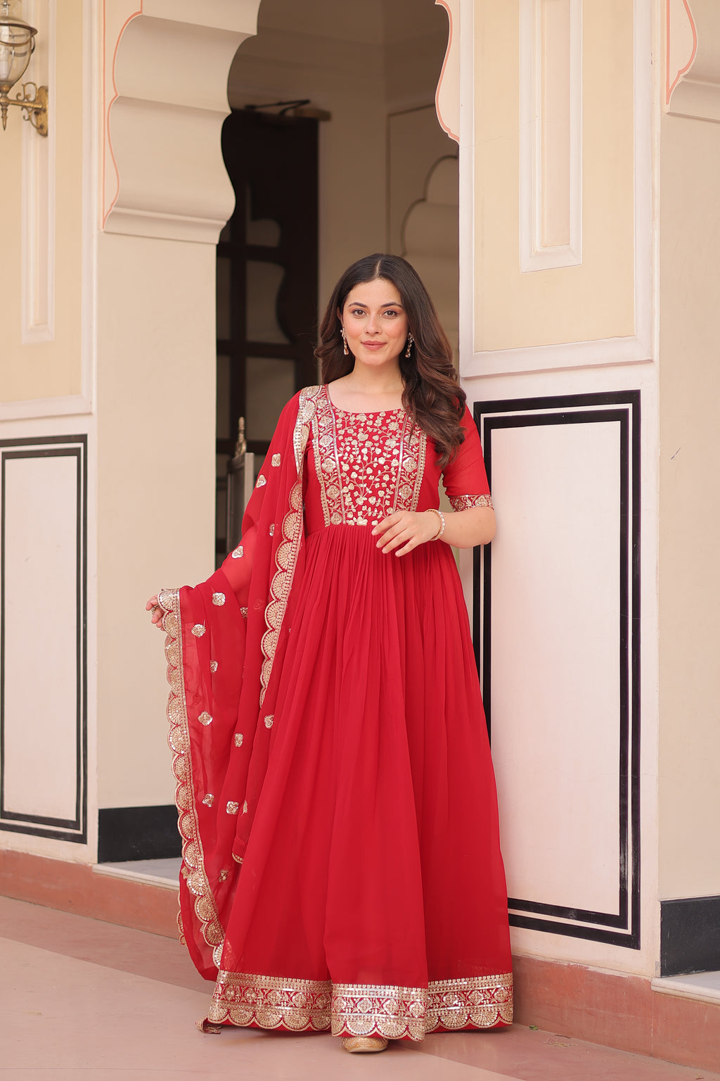 Women Georgette Red Sequence embroidery Work Kurta Set
