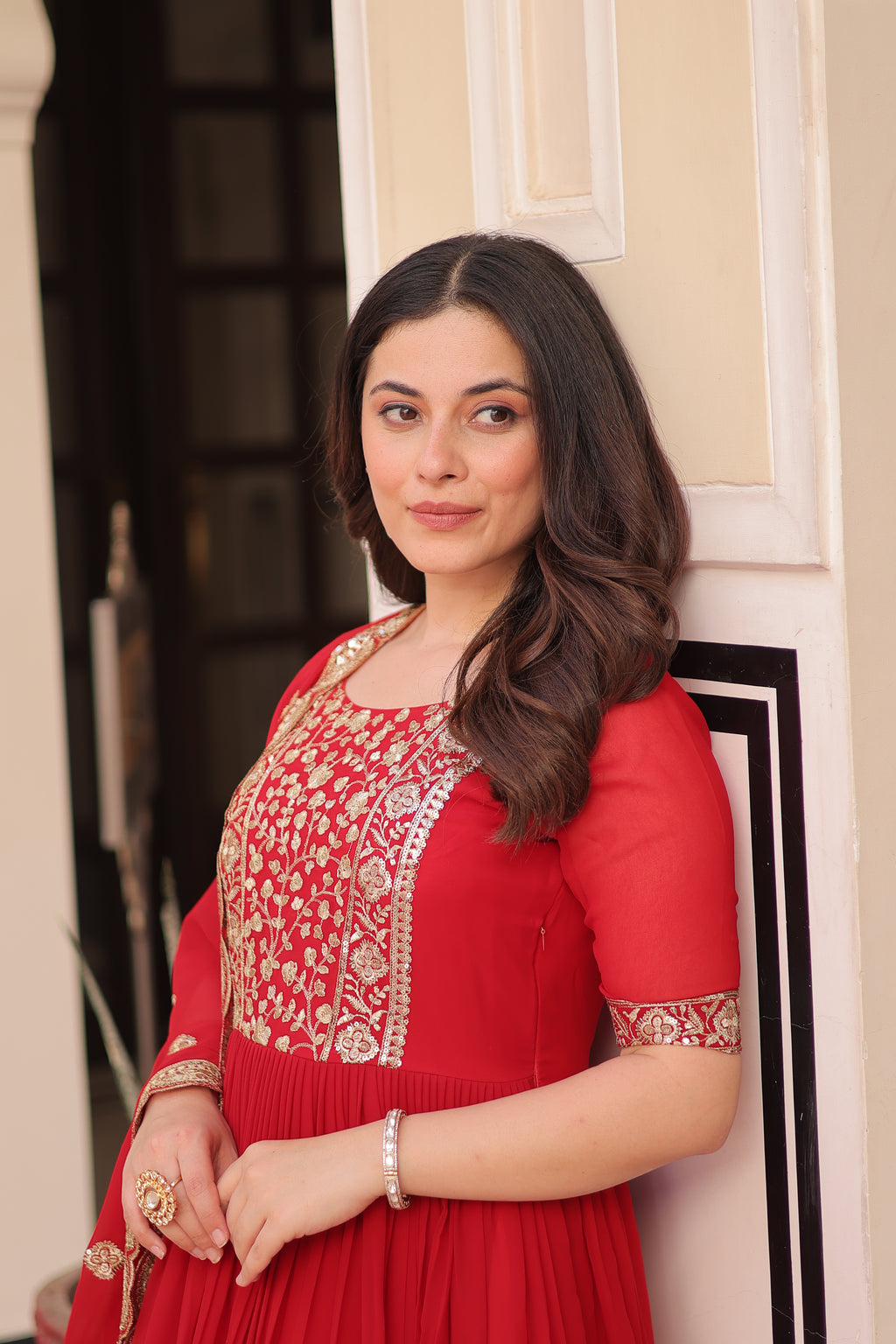 Women Georgette Red Sequence embroidery Work Kurta Set