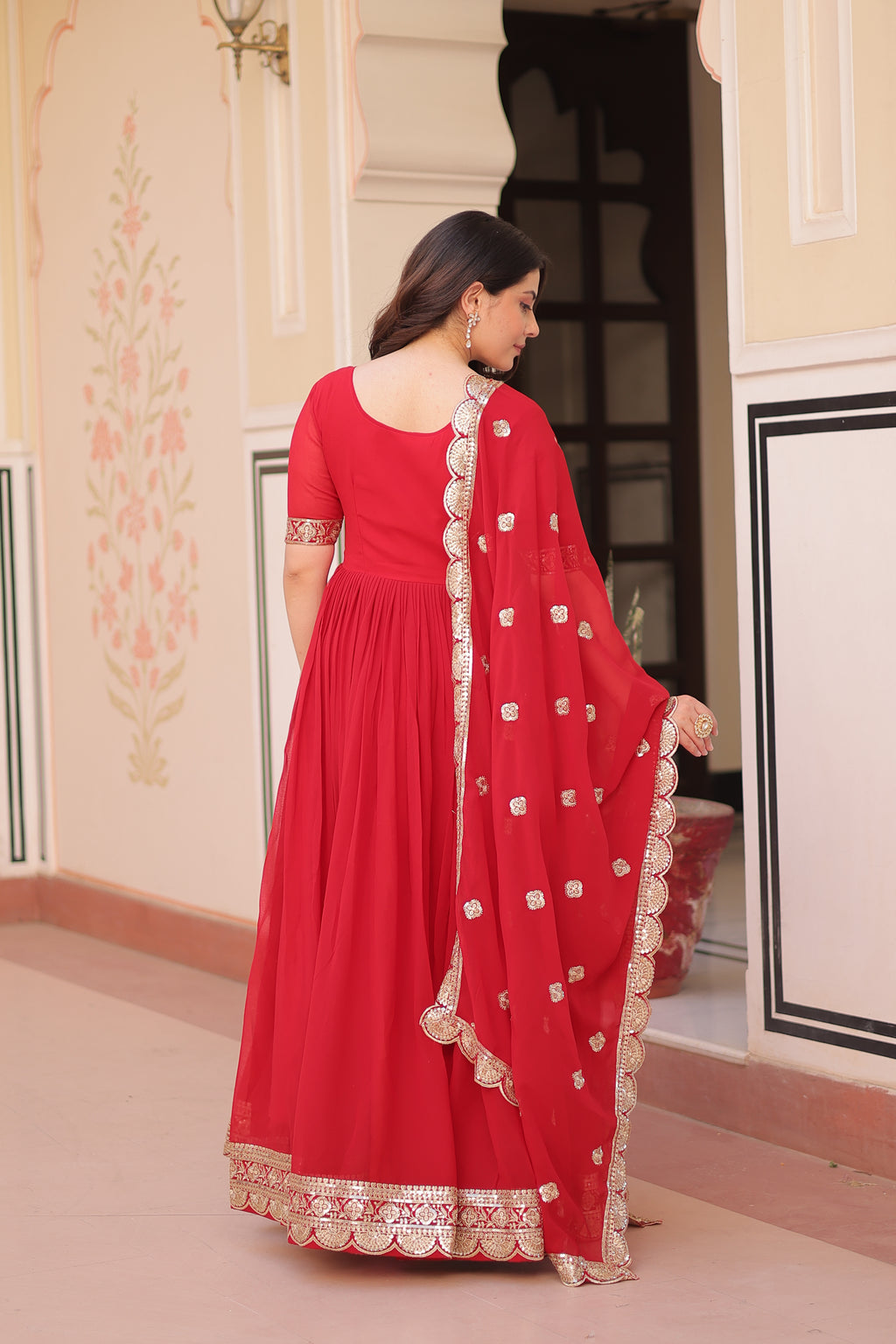 Women Georgette Red Sequence embroidery Work Kurta Set