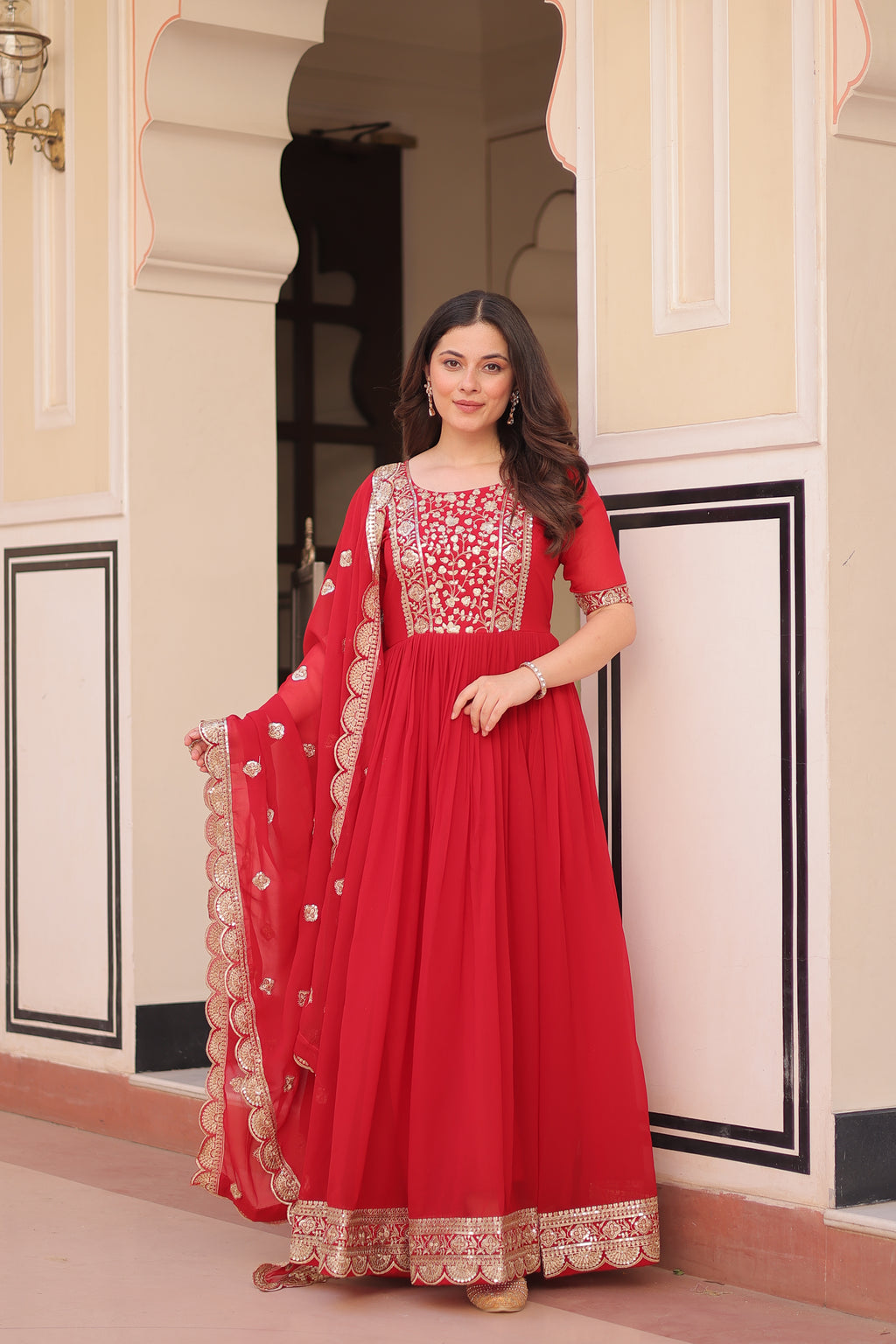 Women Georgette Red Sequence embroidery Work Kurta Set