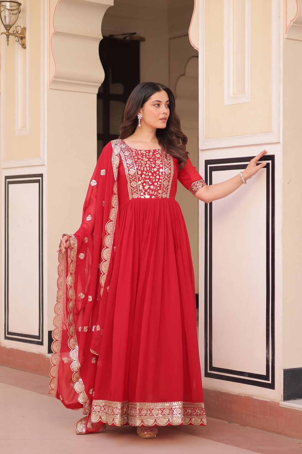 Women Georgette Red Sequence embroidery Work Kurta Set