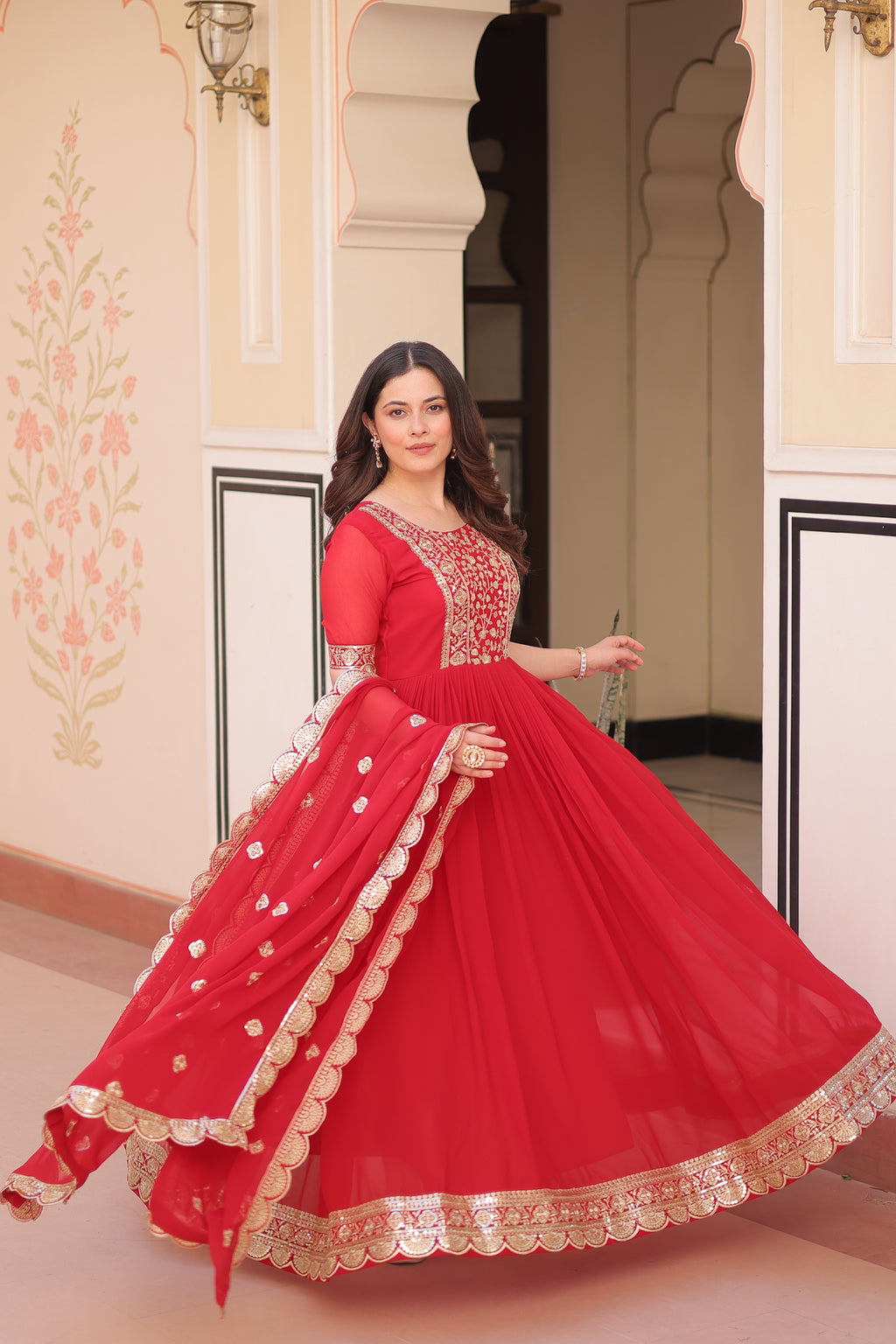 Women Georgette Red Sequence embroidery Work Kurta Set