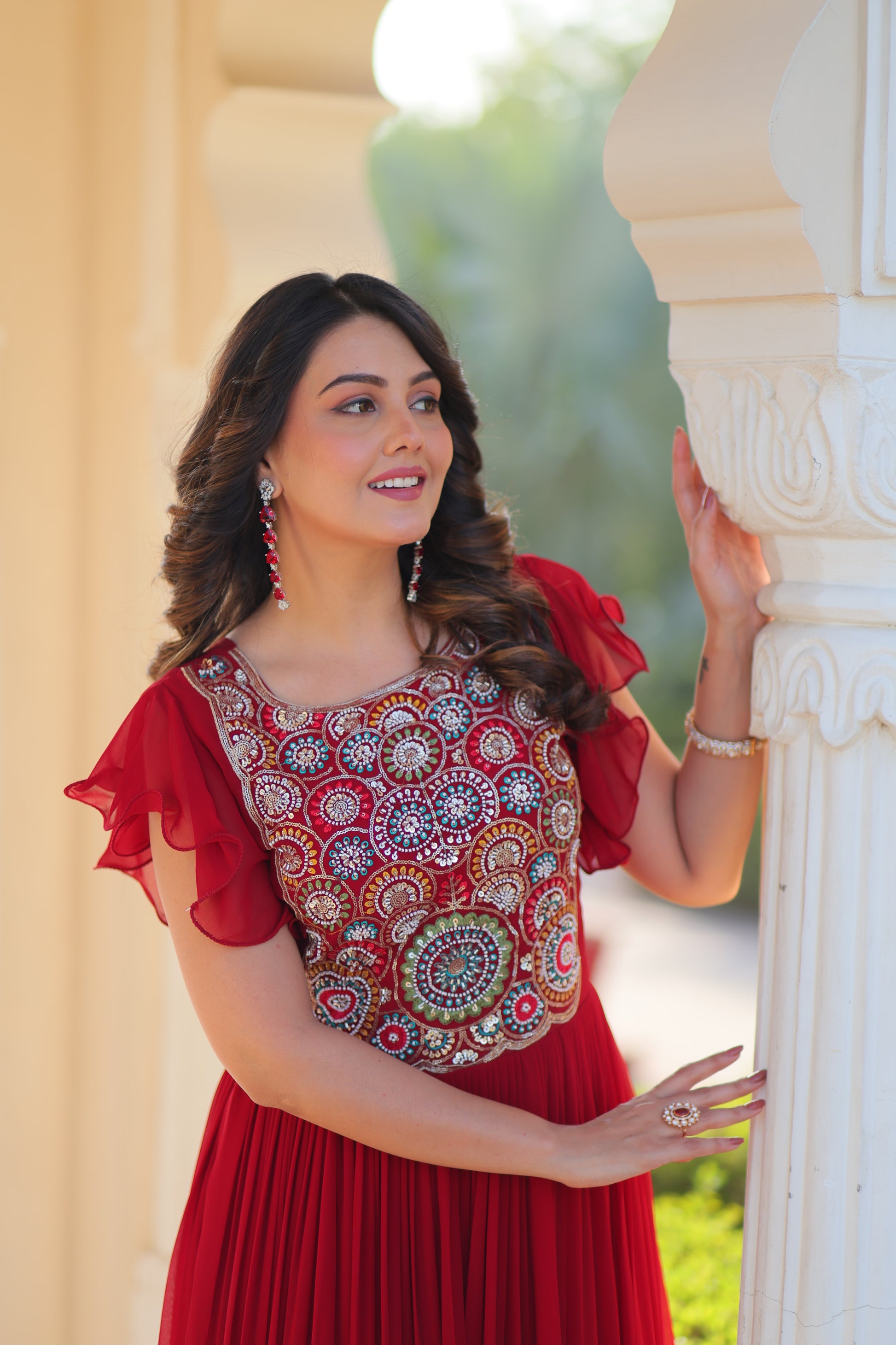 Women Georgette Maroon Sequence embroidery Work Dress