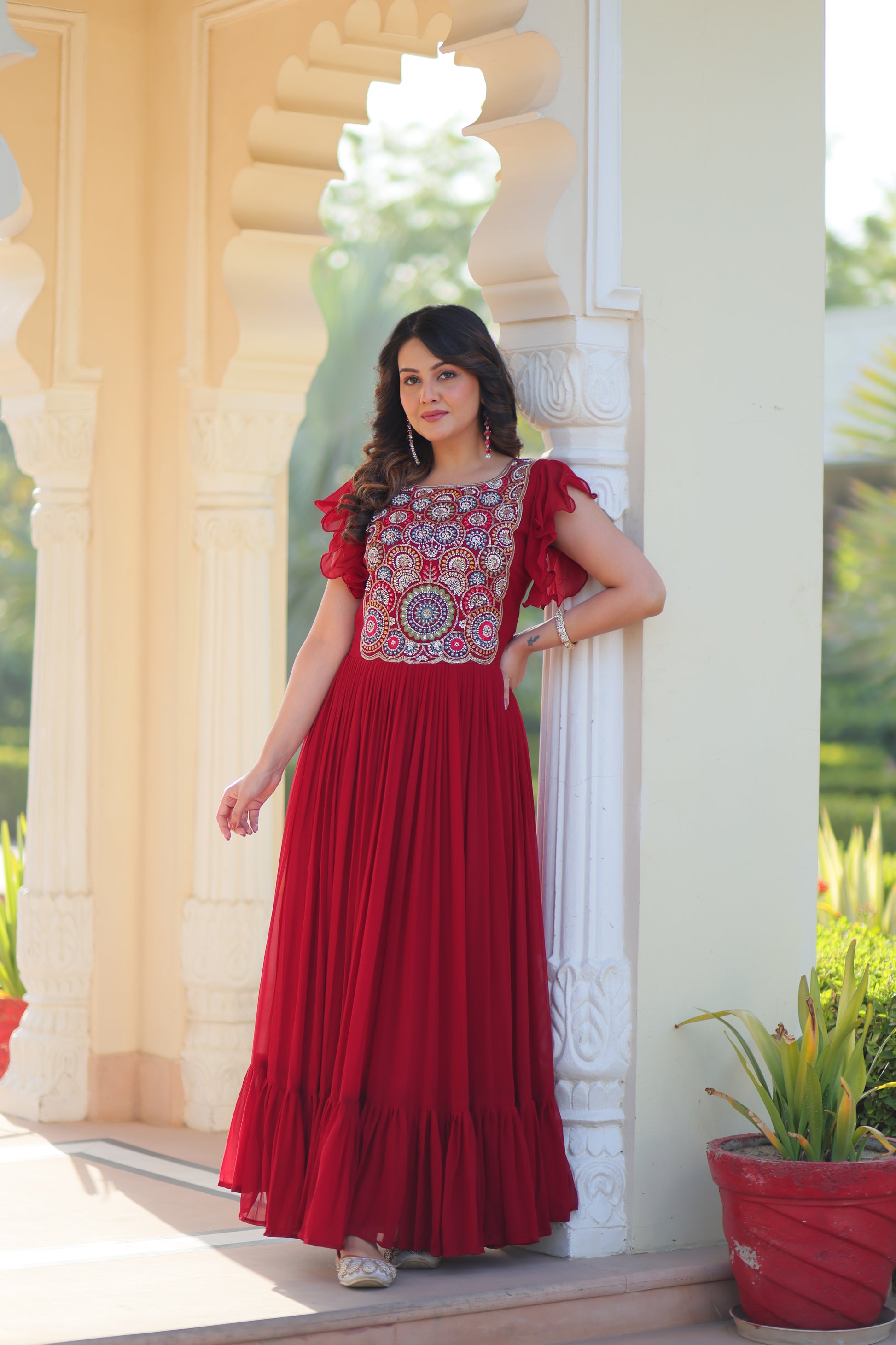 Women Georgette Maroon Sequence embroidery Work Dress