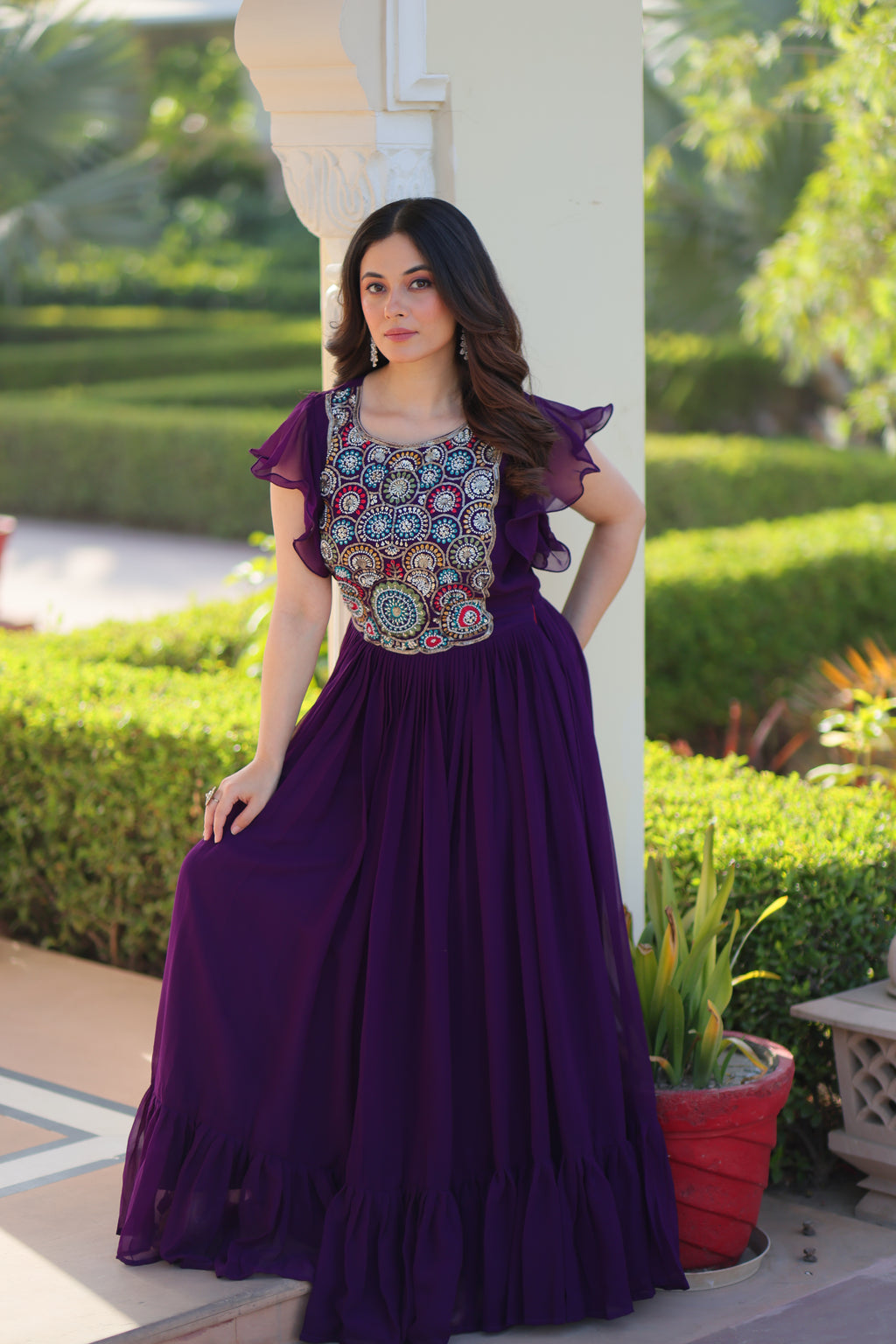 Women Georgette Purple Sequence embroidery Work Dress