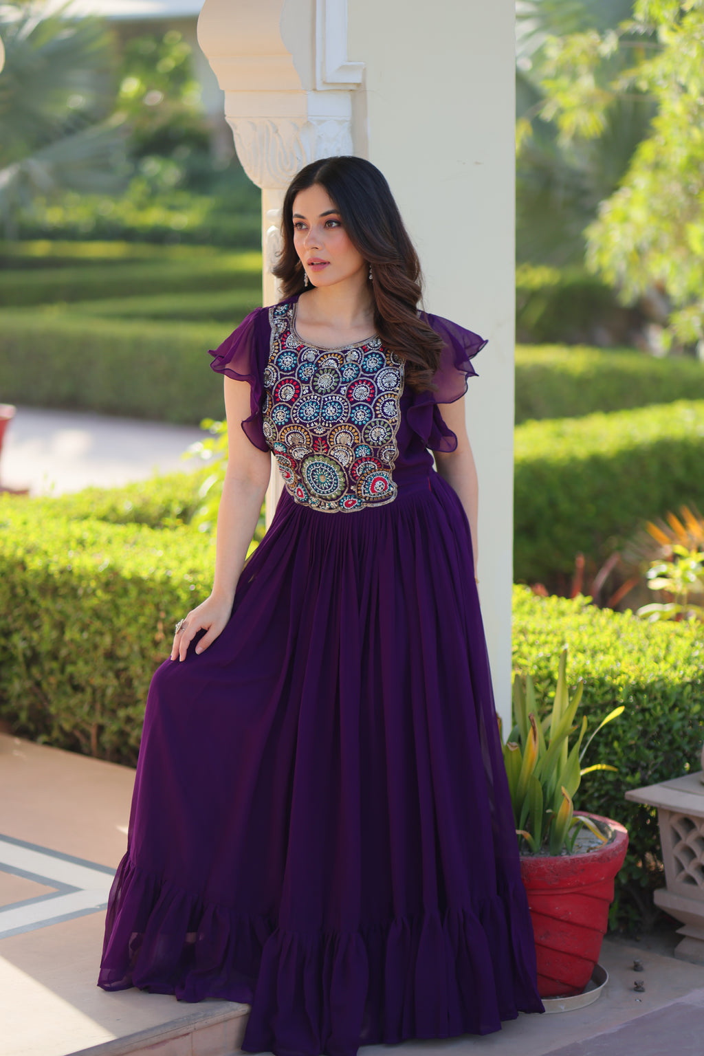 Women Georgette Purple Sequence embroidery Work Dress
