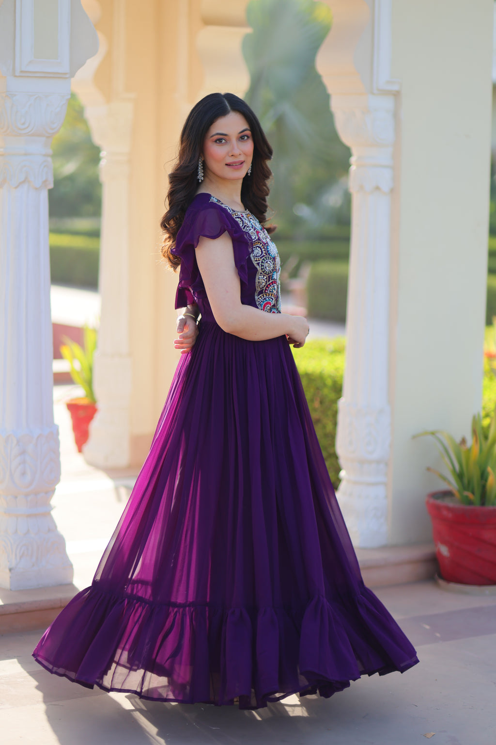 Women Georgette Purple Sequence embroidery Work Dress