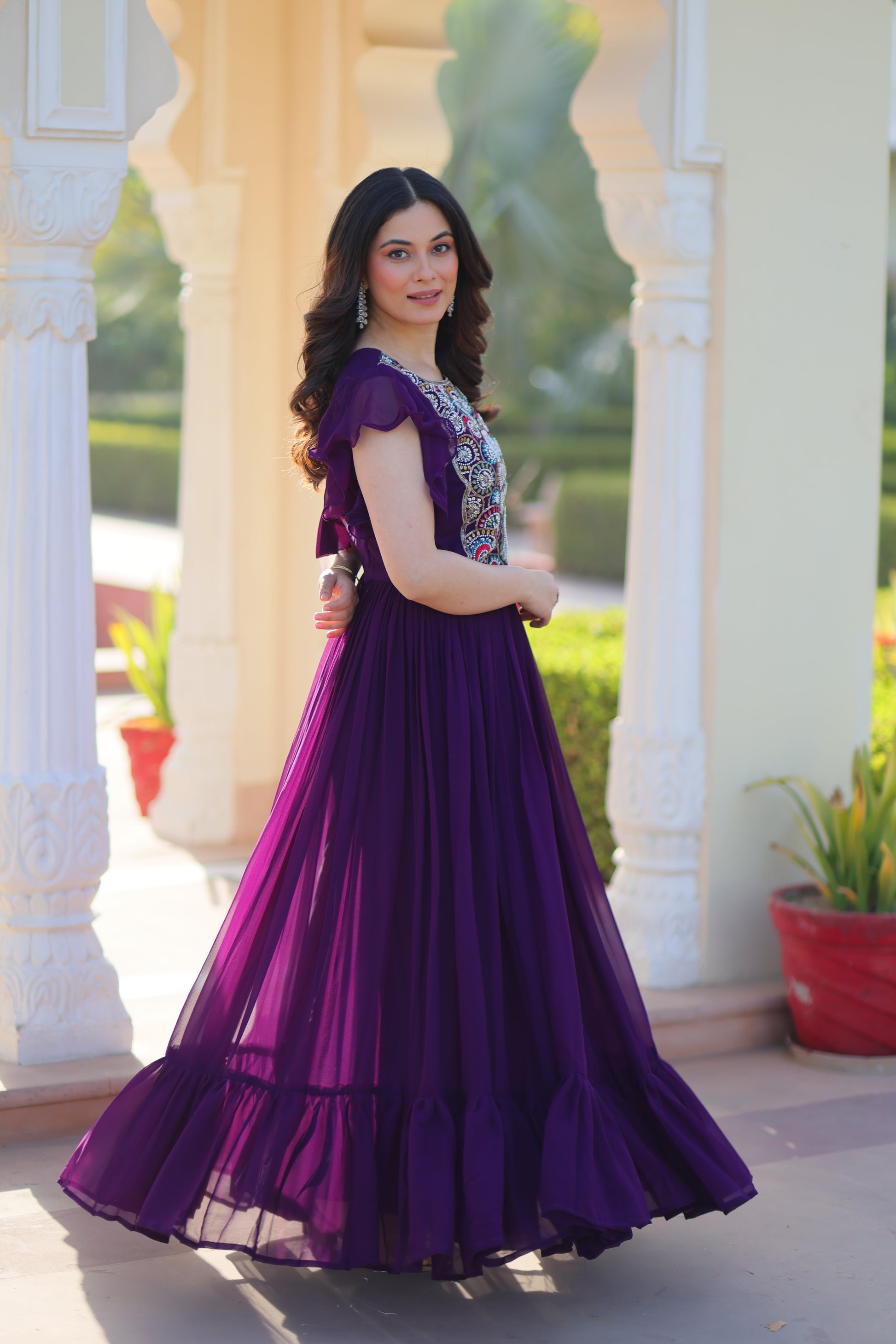 Women Georgette Purple Sequence embroidery Work Dress