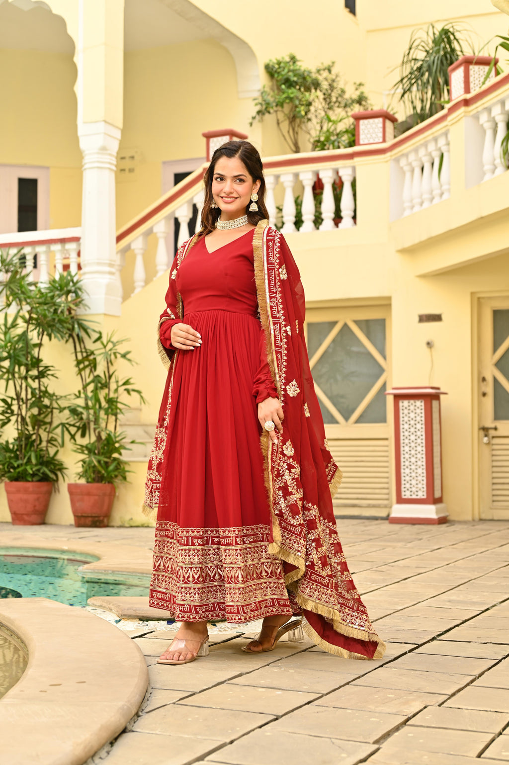 Women Georgette Red Sequence embroidery Work Kurta Set