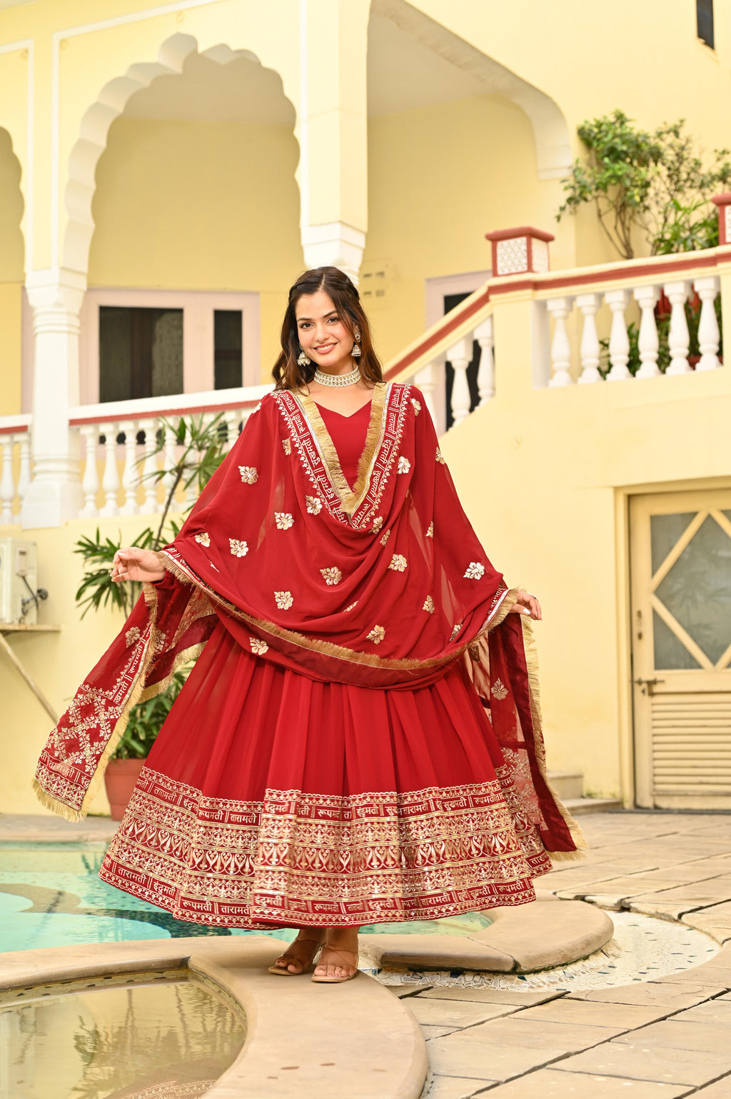 Women Georgette Red Sequence embroidery Work Kurta Set