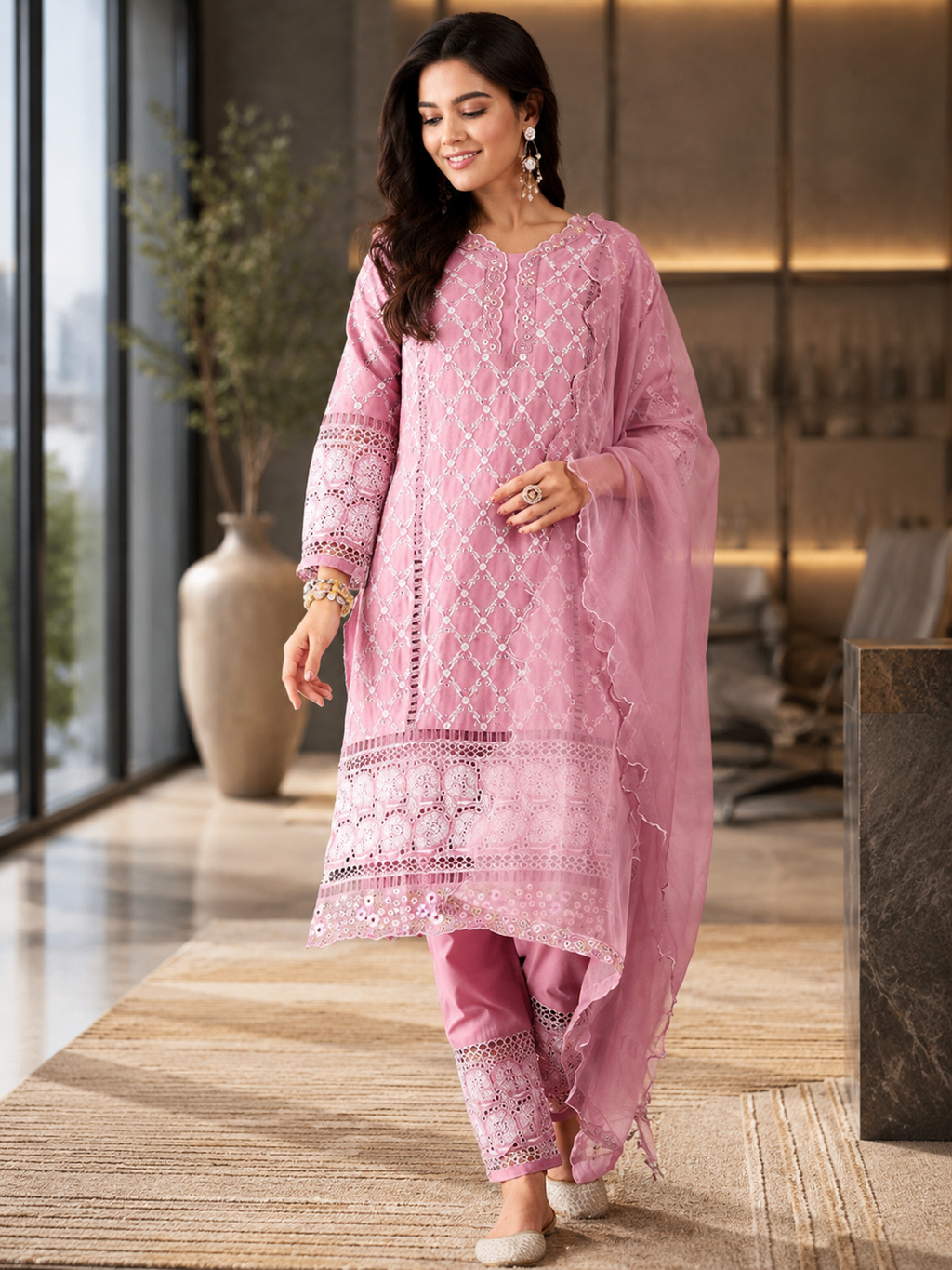 Women's Pure Cotton Pink Kurta Set