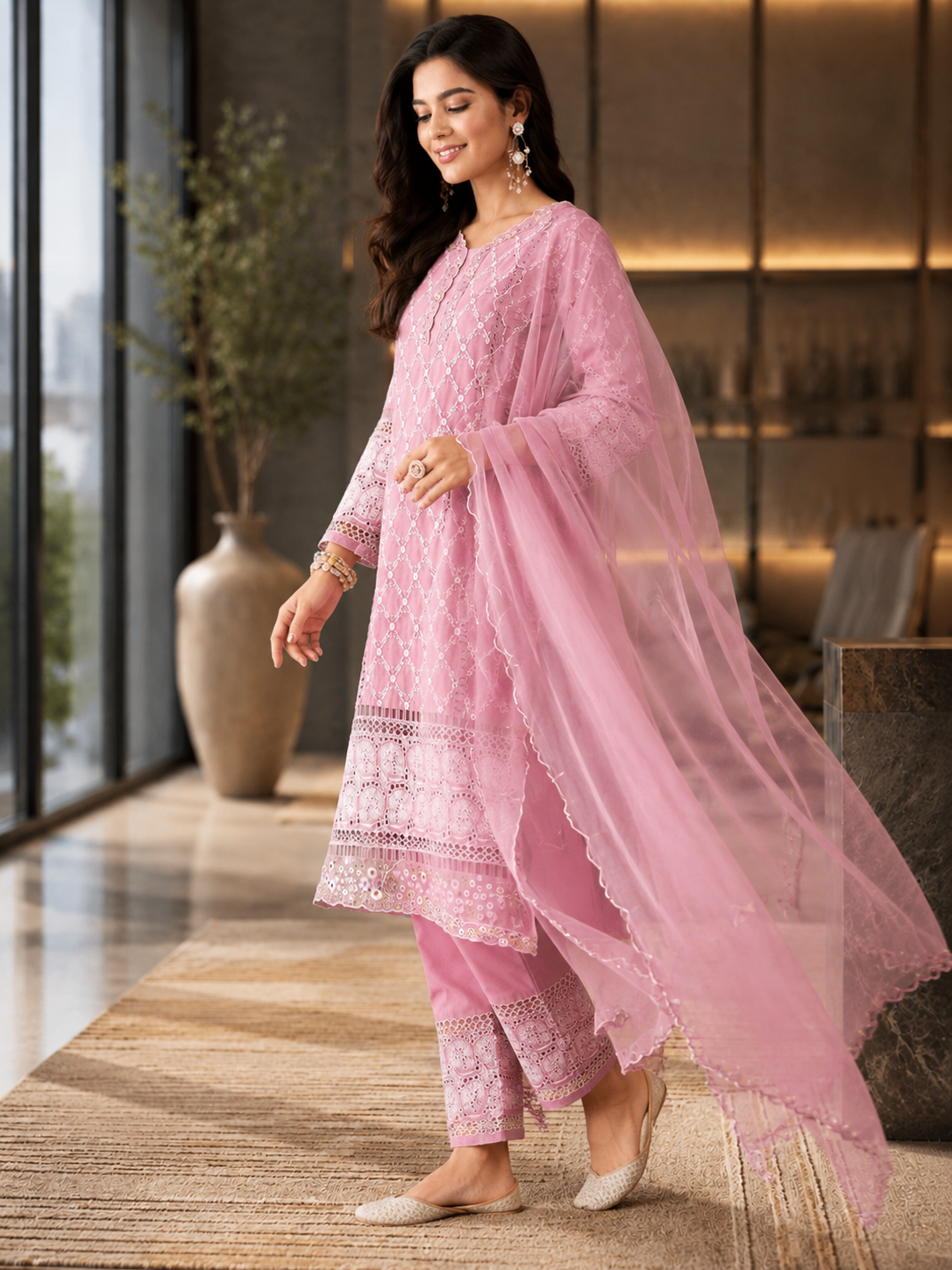 Women's Pure Cotton Pink Kurta Set