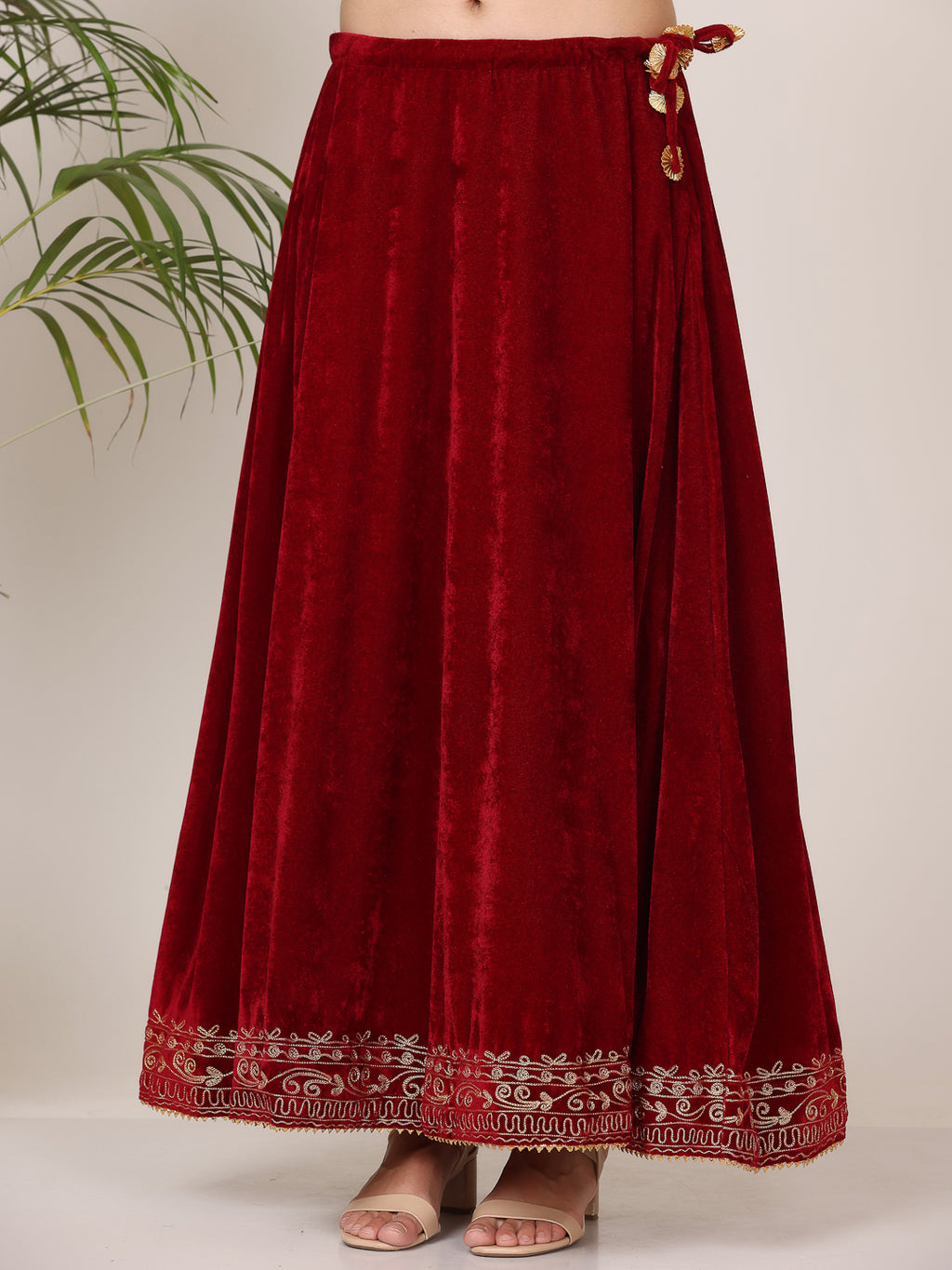 Women Maroon Velvet Lehenga Set