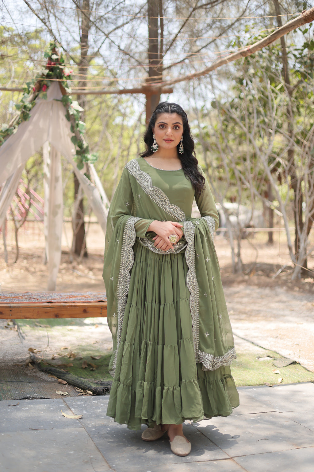 Women Georgette Mehndi Sequence embroidery Work Kurta Set