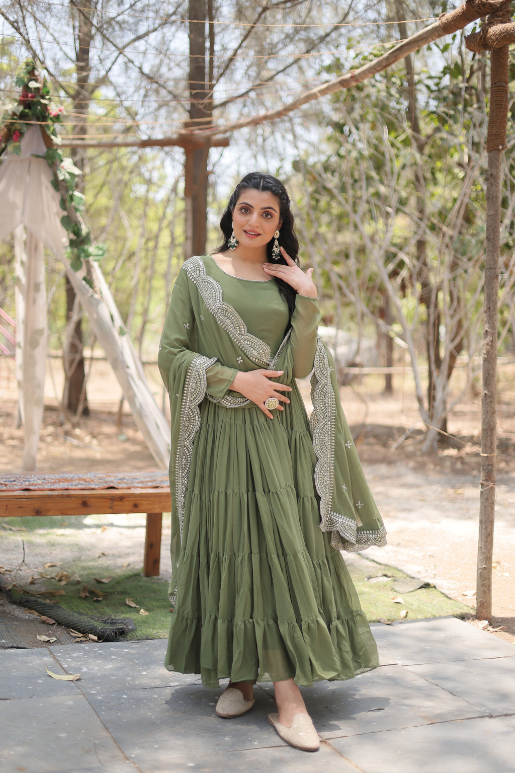 Women Georgette Mehndi Sequence embroidery Work Kurta Set