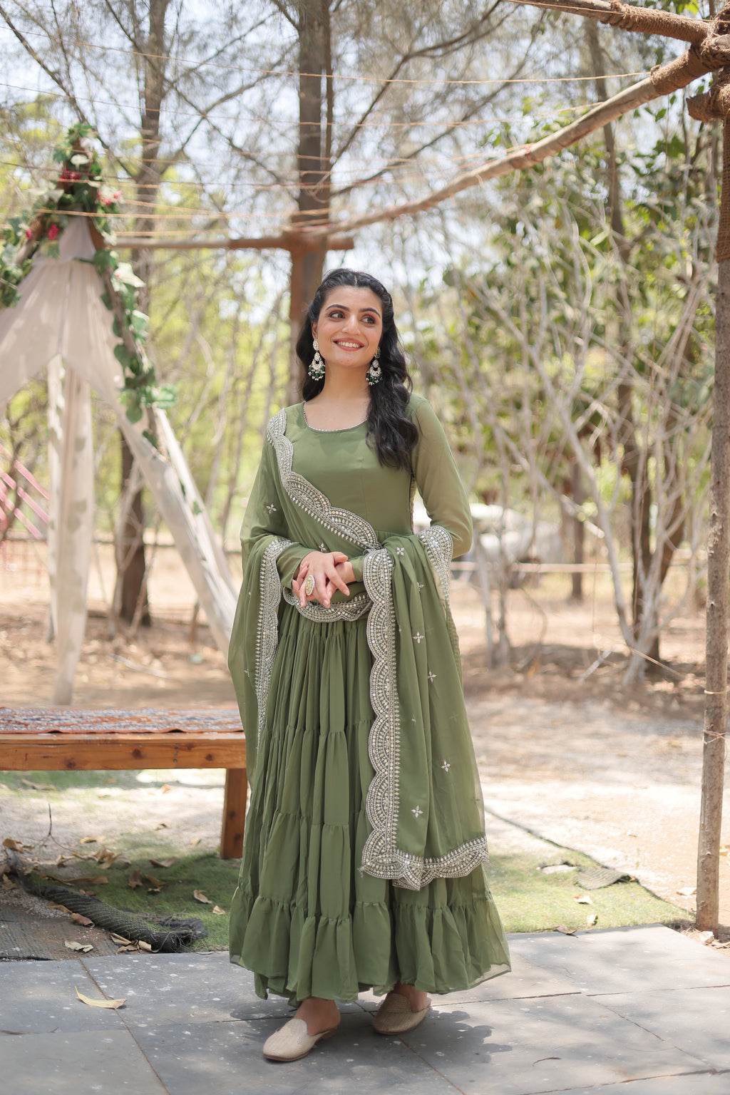 Women Georgette Mehndi Sequence embroidery Work Kurta Set