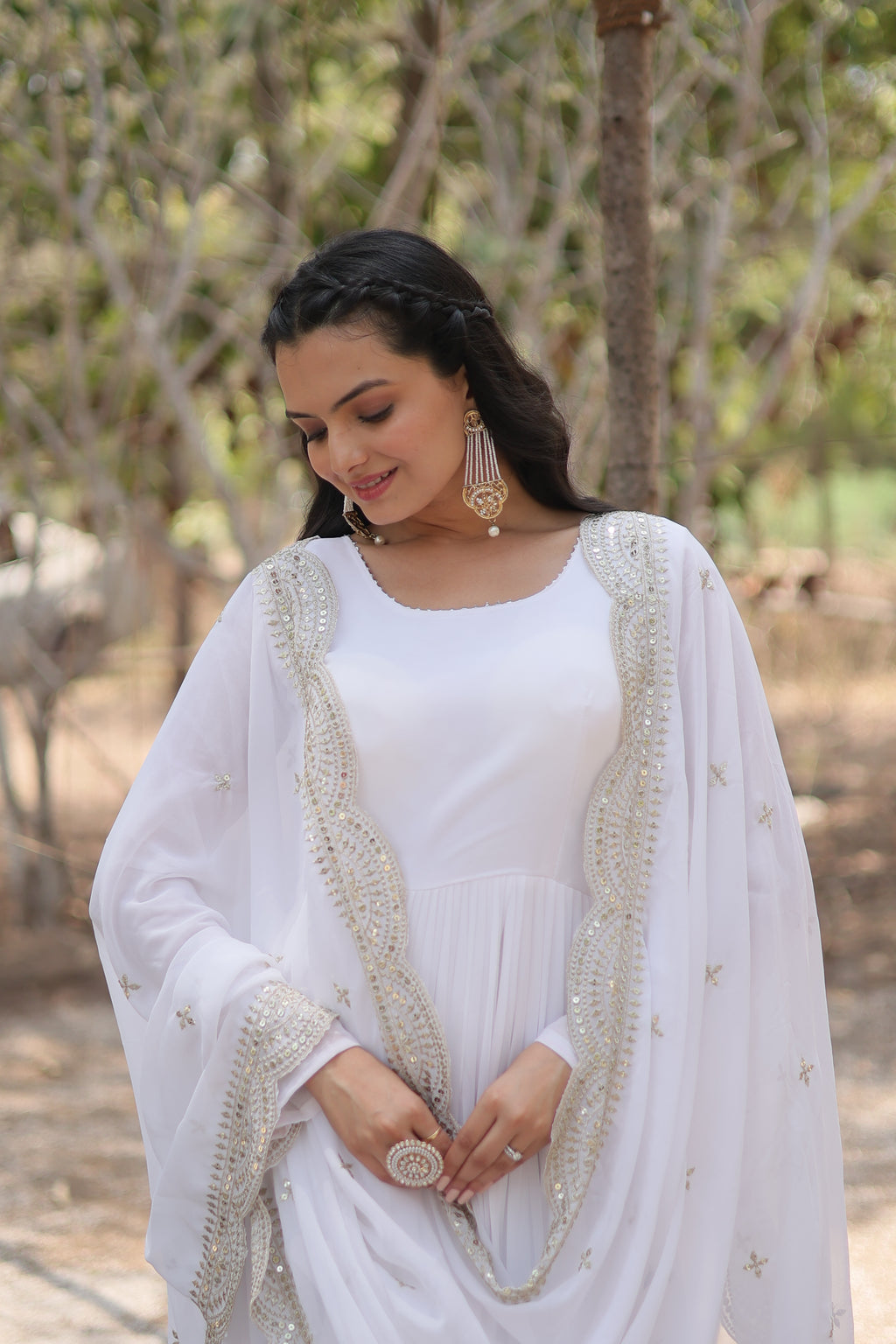 Women Georgette white Sequence embroidery Work Kurta Set